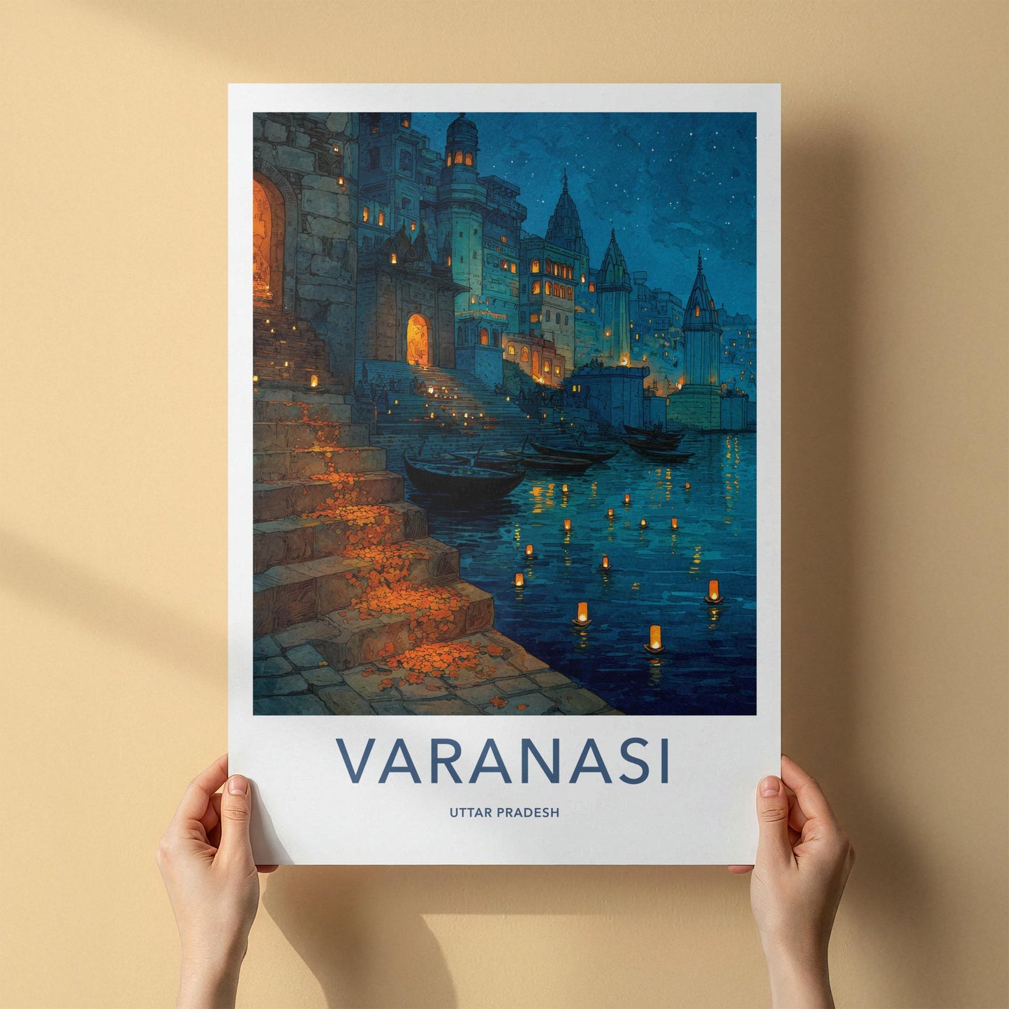 Varanasi Poster - India Travel Art - Uttar Pradesh Ghat Lights Home Decor