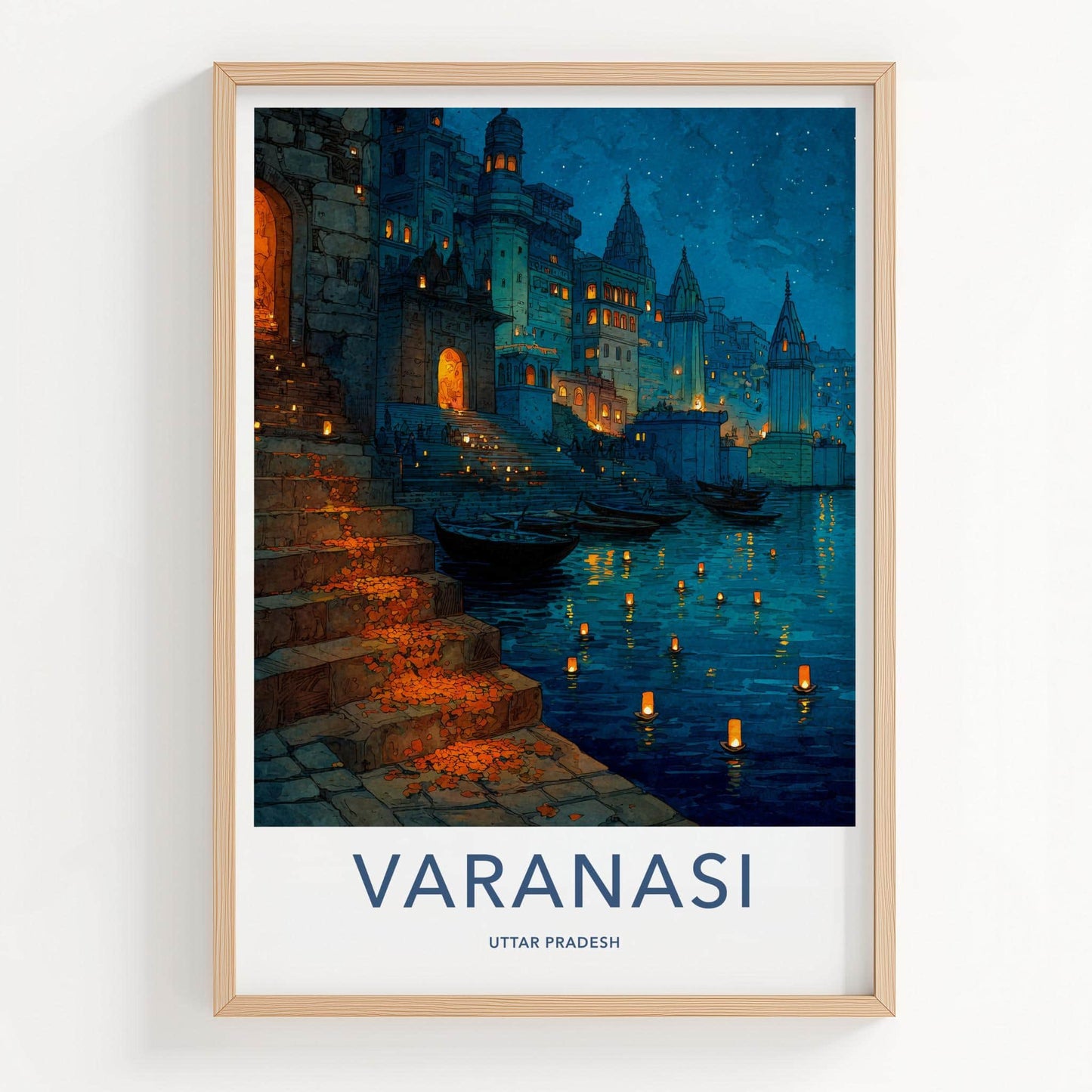 Varanasi Poster - India Travel Art - Uttar Pradesh Ghat Lights Home Decor