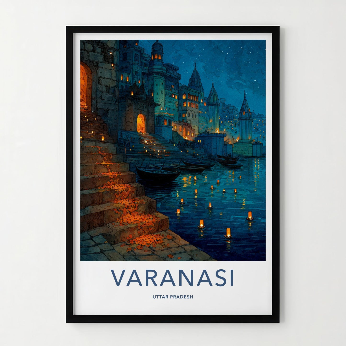 Varanasi Poster - India Travel Art - Uttar Pradesh Ghat Lights Home Decor