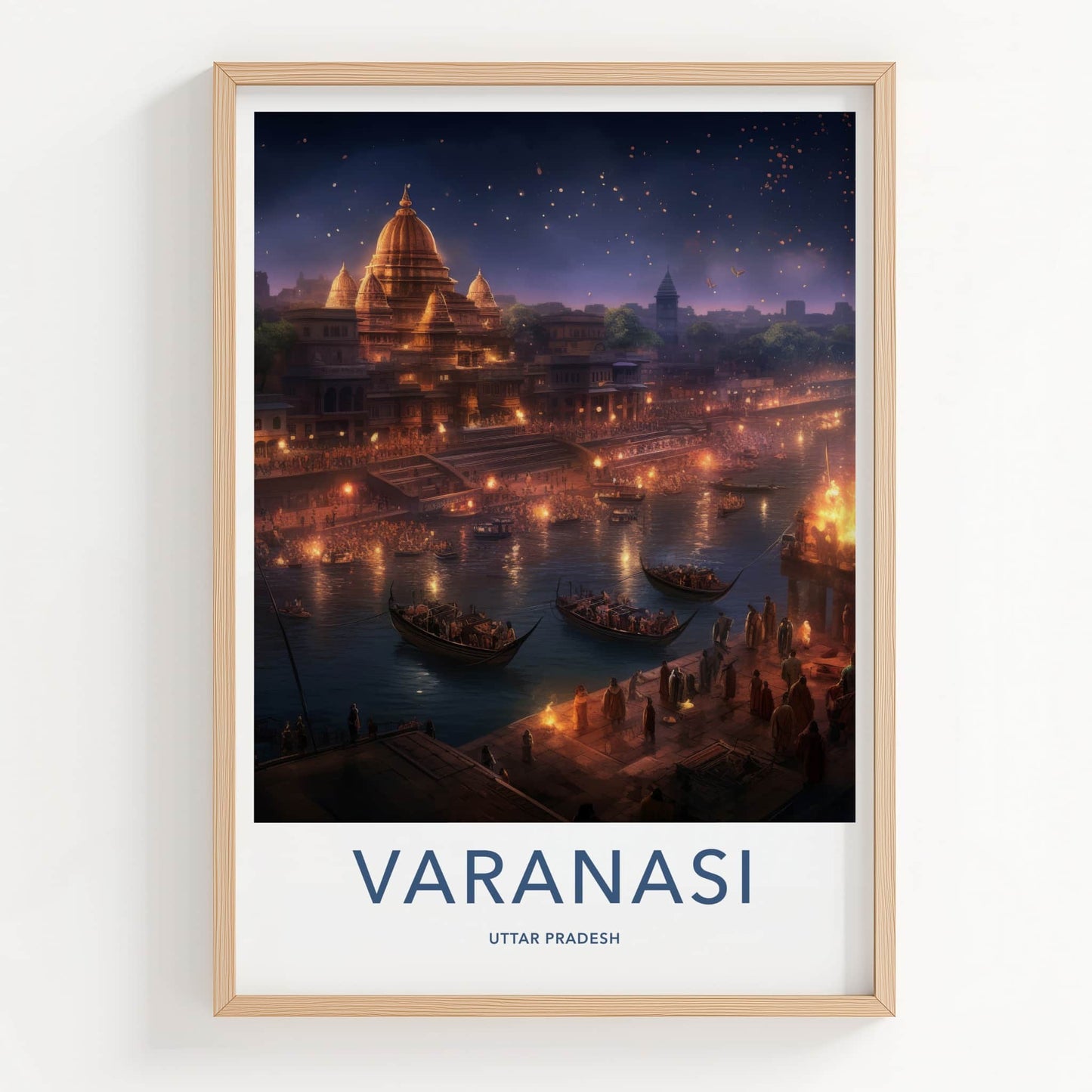 Varanasi Poster - India Travel Art - Uttar Pradesh Night Ghat Scene Home Decor