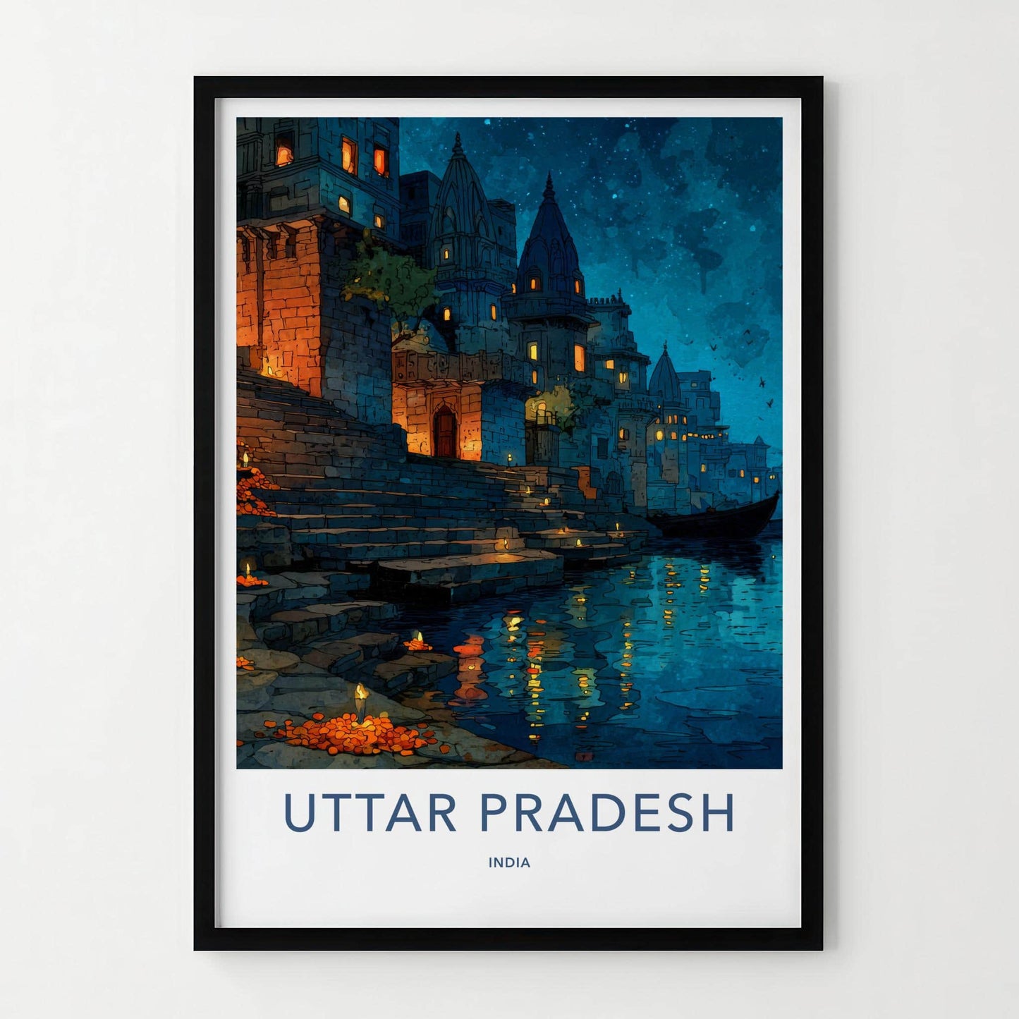 Varanasi Poster - India Travel Art - Uttar Pradesh river night Home Art