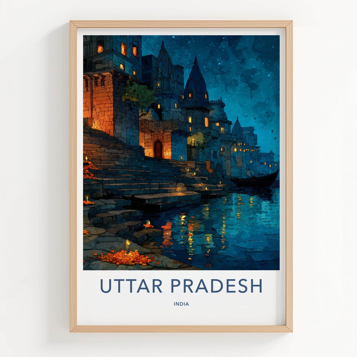 Varanasi Poster - India Travel Art - Uttar Pradesh river night Home Art