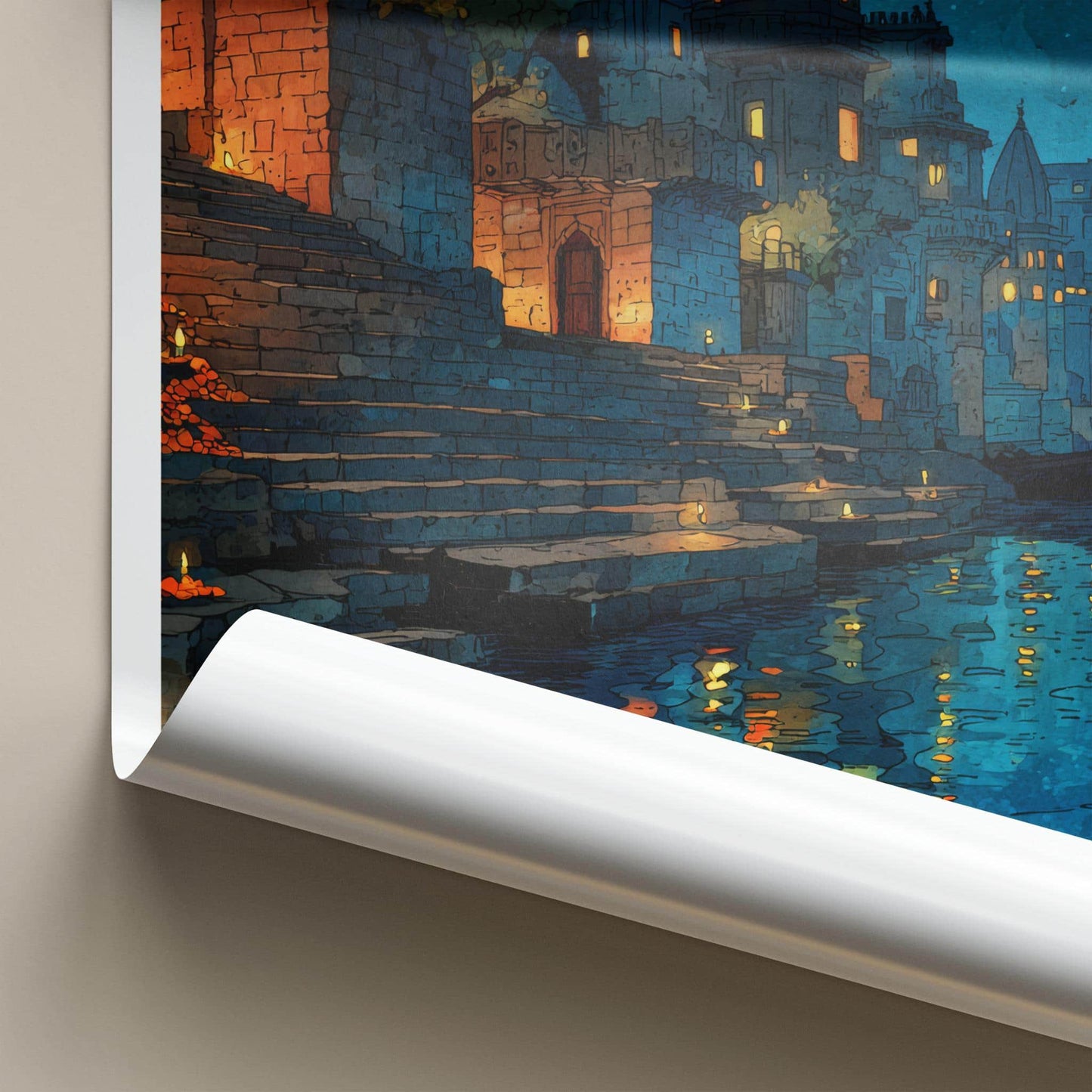 Varanasi Poster - India Travel Art - Uttar Pradesh river night Home Art