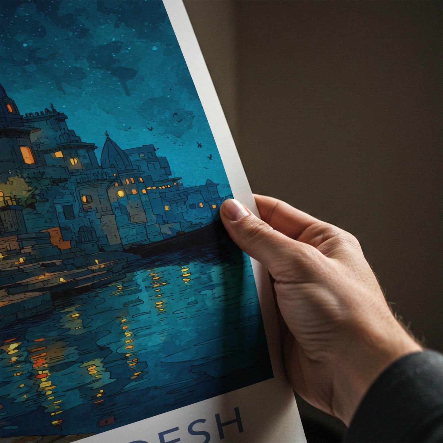 Varanasi Poster - India Travel Art - Uttar Pradesh river night Home Art