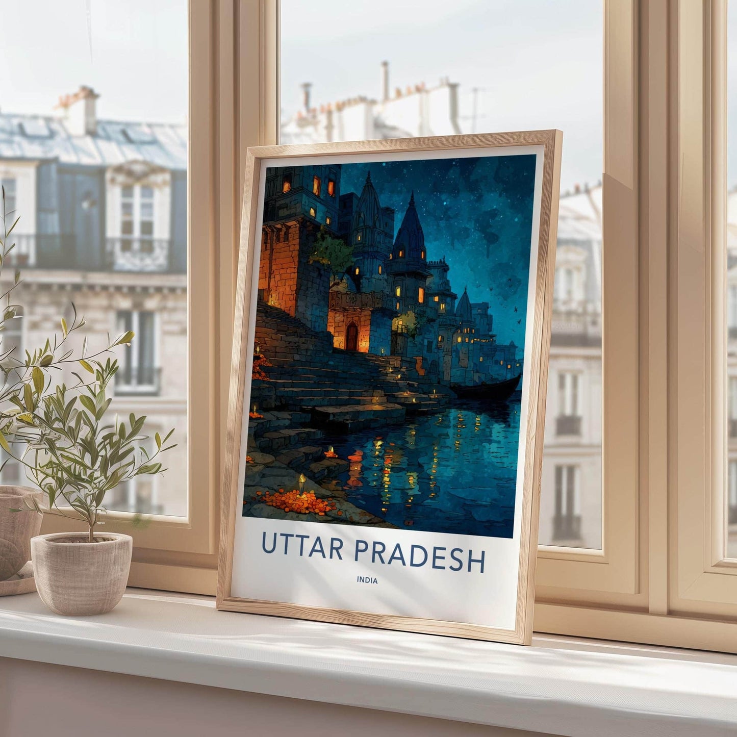 Varanasi Poster - India Travel Art - Uttar Pradesh river night Home Art