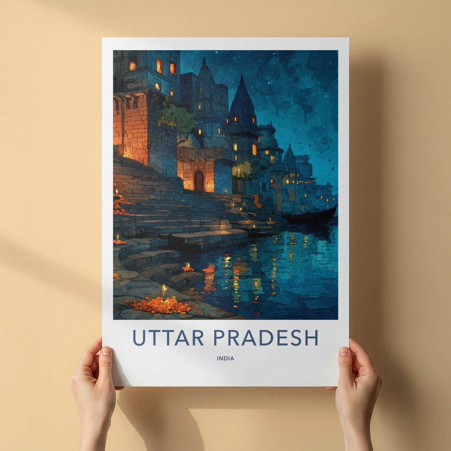 Varanasi Poster - India Travel Art - Uttar Pradesh river night Home Art