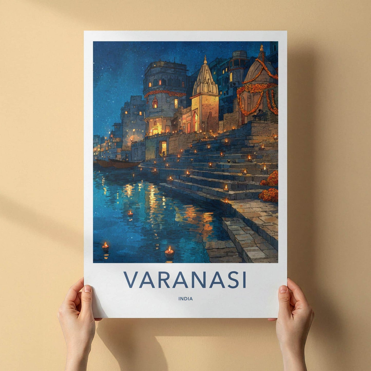 Varanasi Poster - India Travel Print - Uttar Pradesh Ghat Steps Glowing Gallery Art