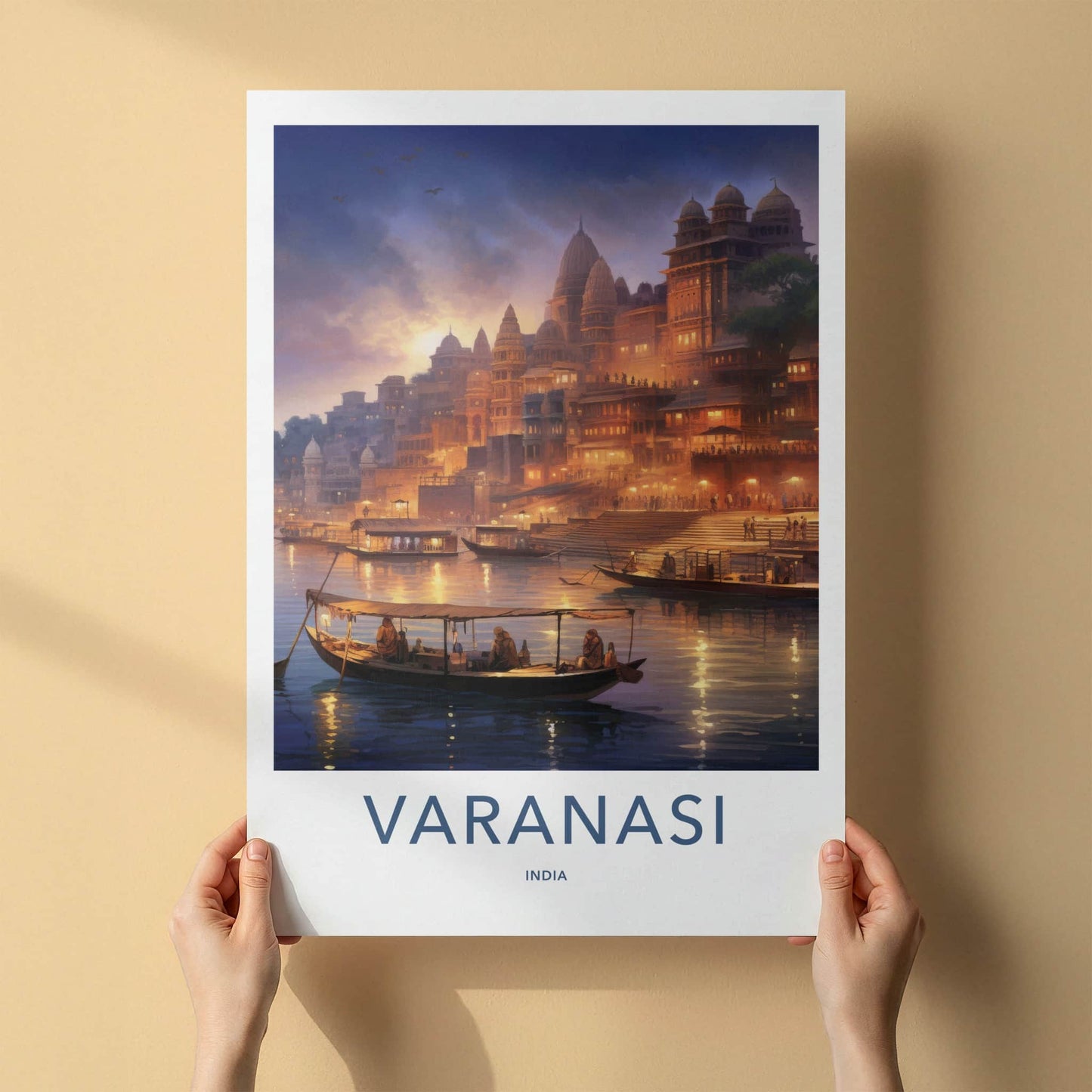 Varanasi Poster - India Wall Art - Uttar Pradesh Ghats Boats Dusk Gift
