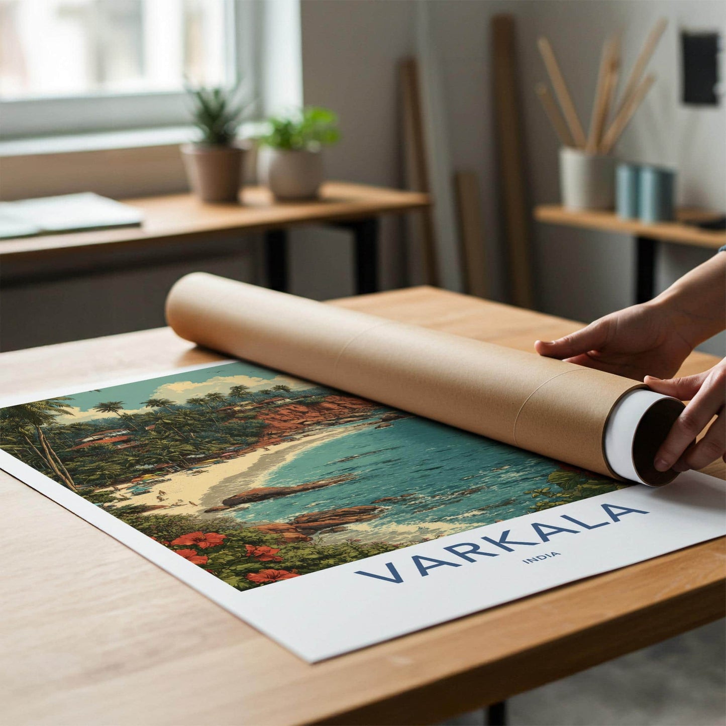 Varkala Poster - India Travel Art - Kerala Beach Cliff Palm Home Decor