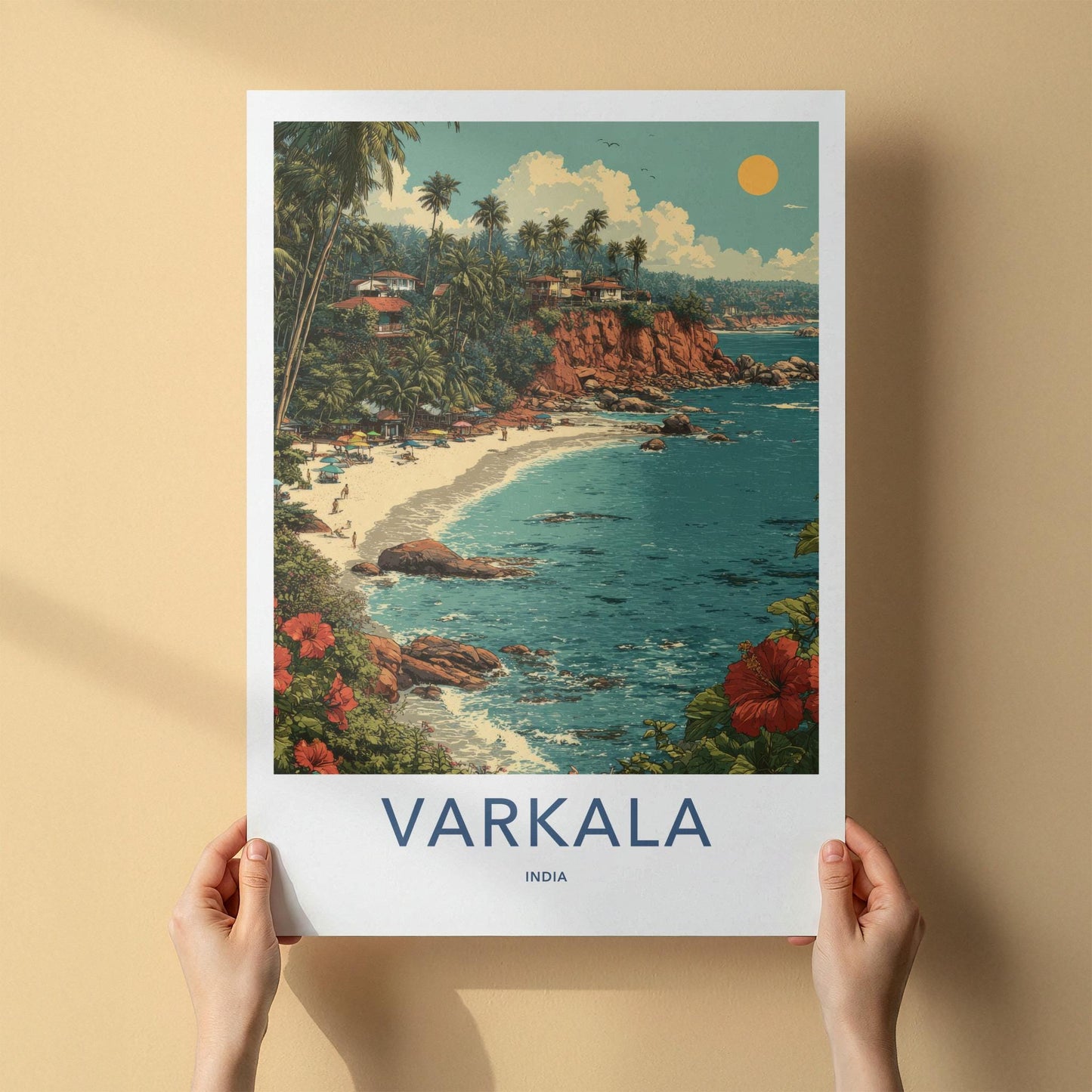 Varkala Poster - India Travel Art - Kerala Beach Cliff Palm Home Decor