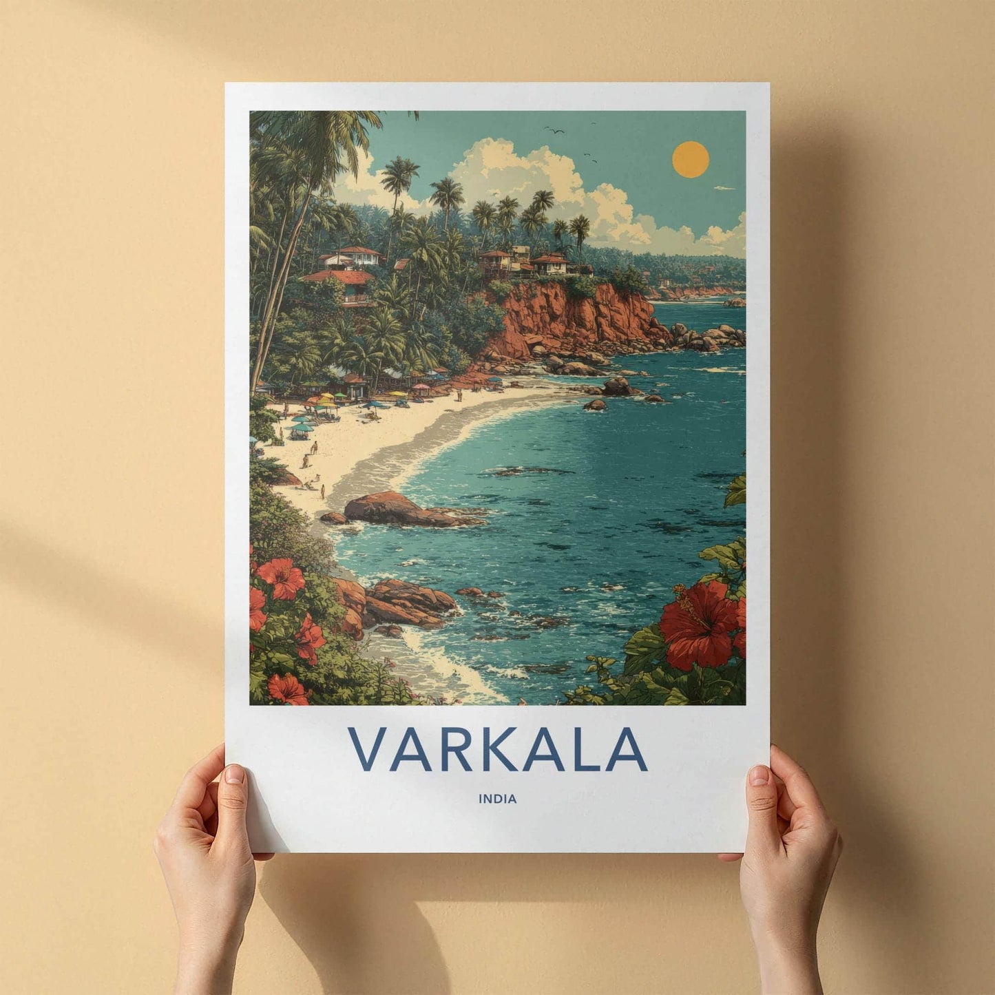 Varkala Poster - India Travel Art - Kerala Beach Cliff Palm Home Decor