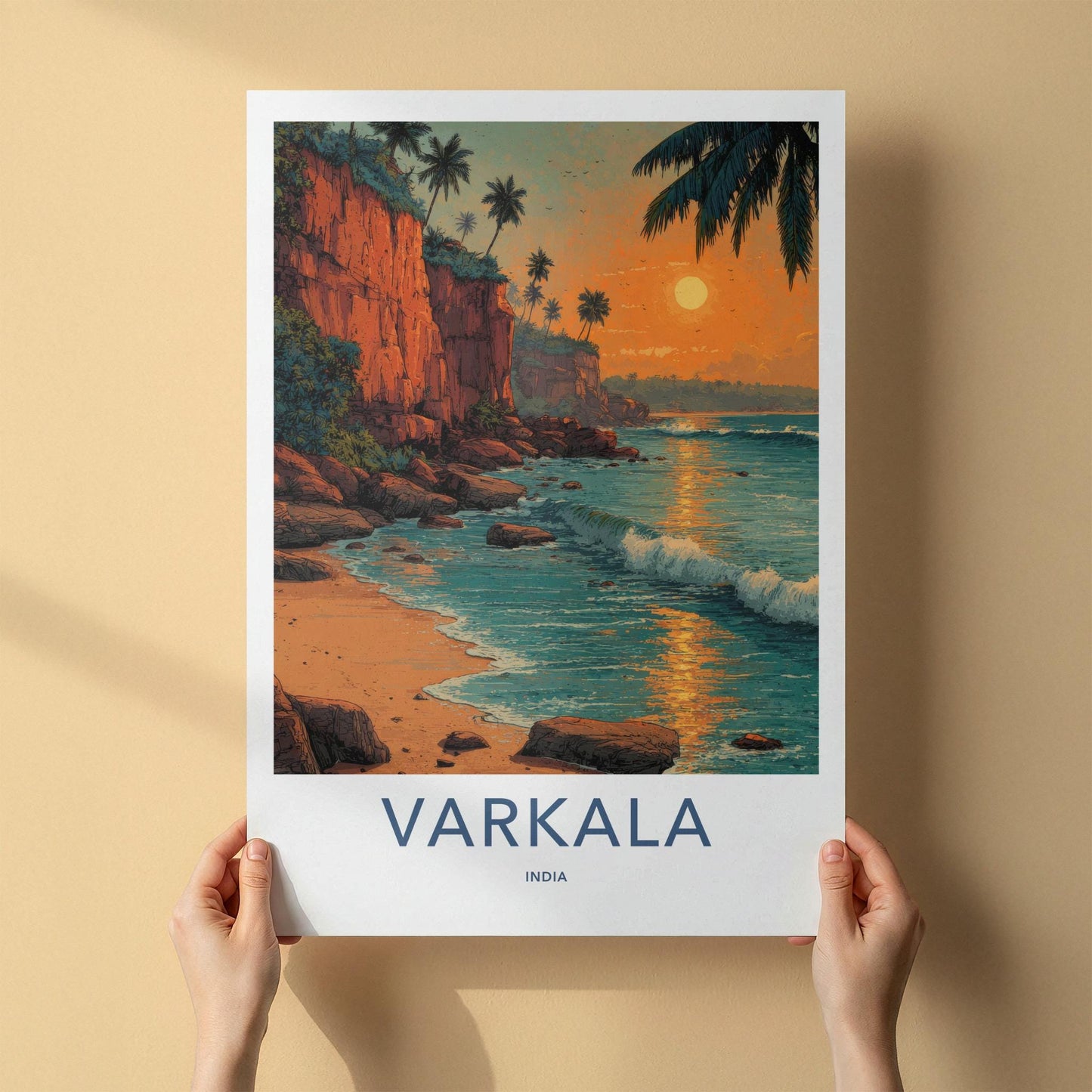 Varkala Poster - India Travel Art - Kerala Cliffs Beach Sunset Wall Decor