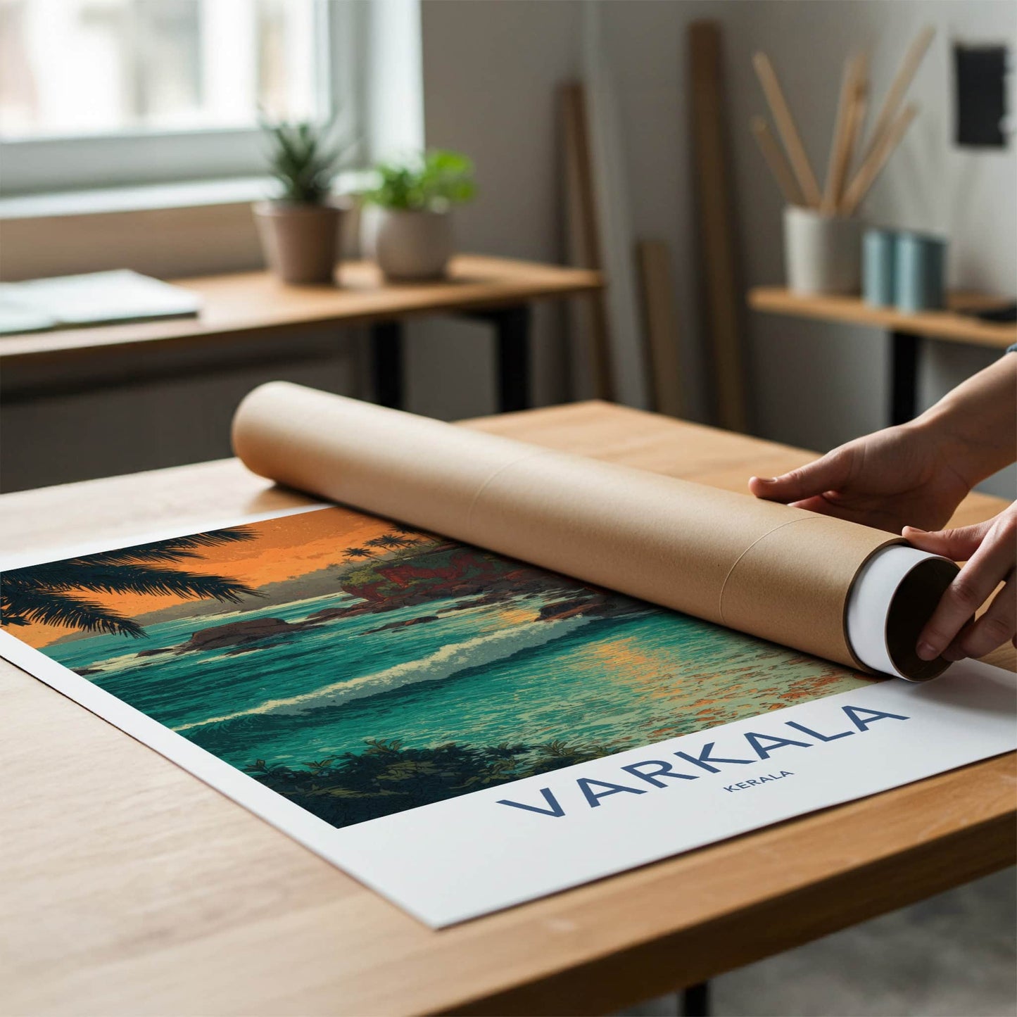 Varkala Poster - India Travel Print - Cliffside Palms Sunset Home Decor