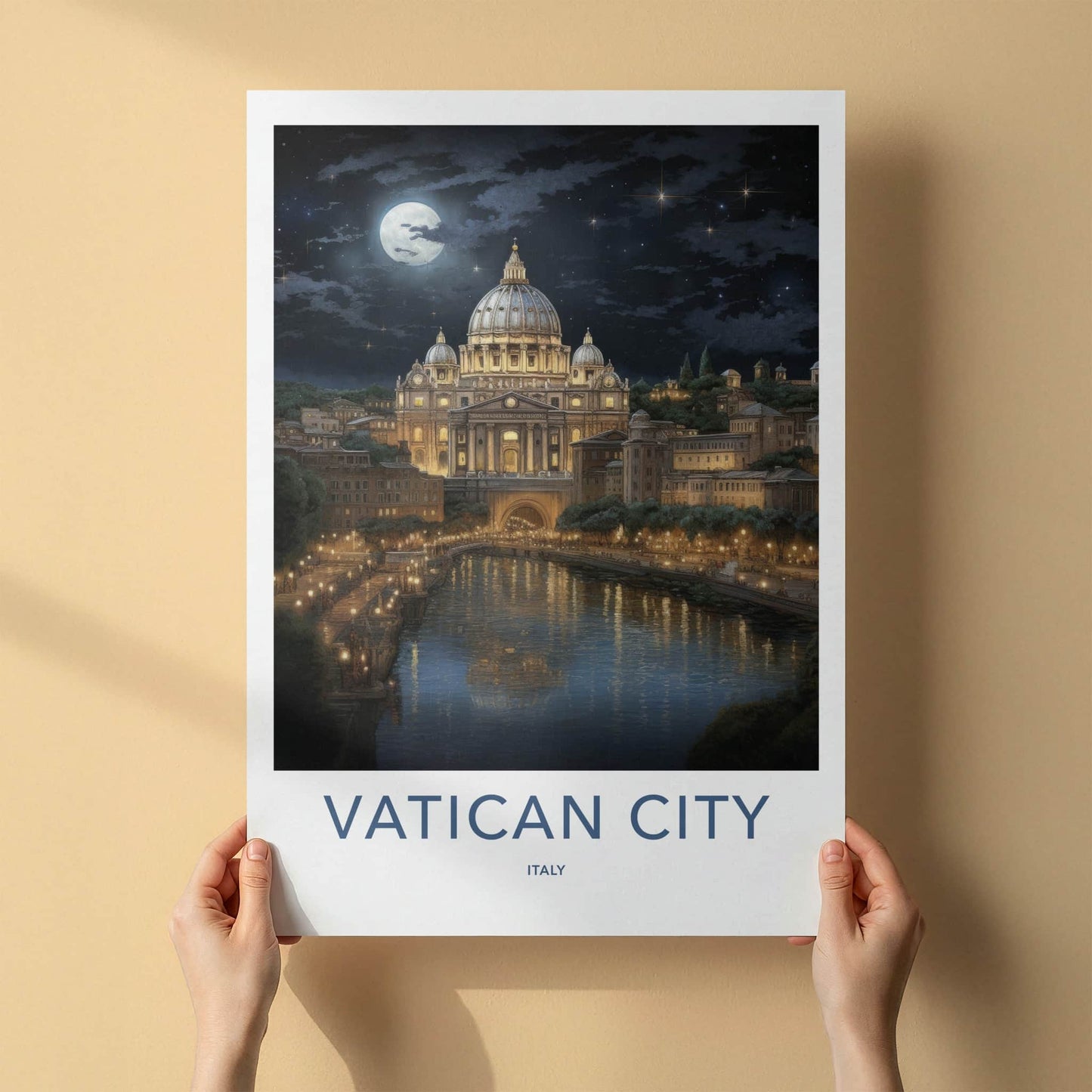 Vatican City Poster - Italy Travel Art - Moonlit River City Home Decor