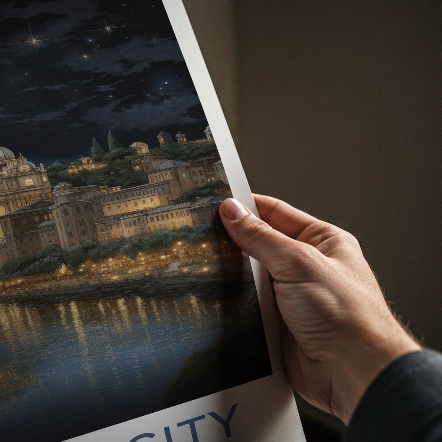 Vatican City Poster - Italy Travel Art - Moonlit River City Home Decor