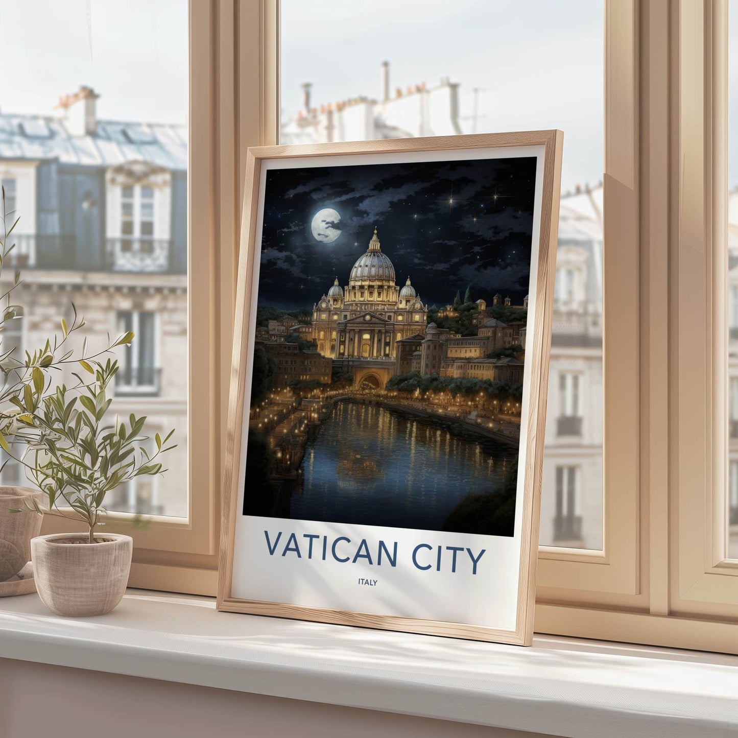 Vatican City Poster - Italy Travel Art - Moonlit River City Home Decor