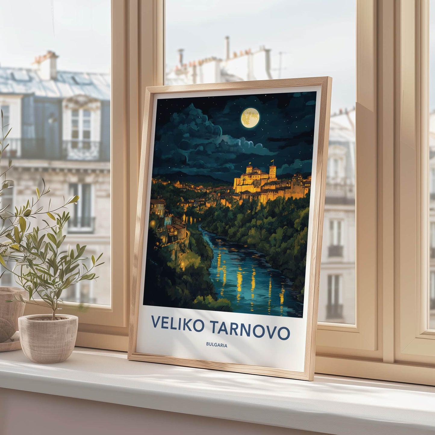 Veliko Tarnovo Poster - Bulgaria Travel Art - Moonlit fortress river Home Decor