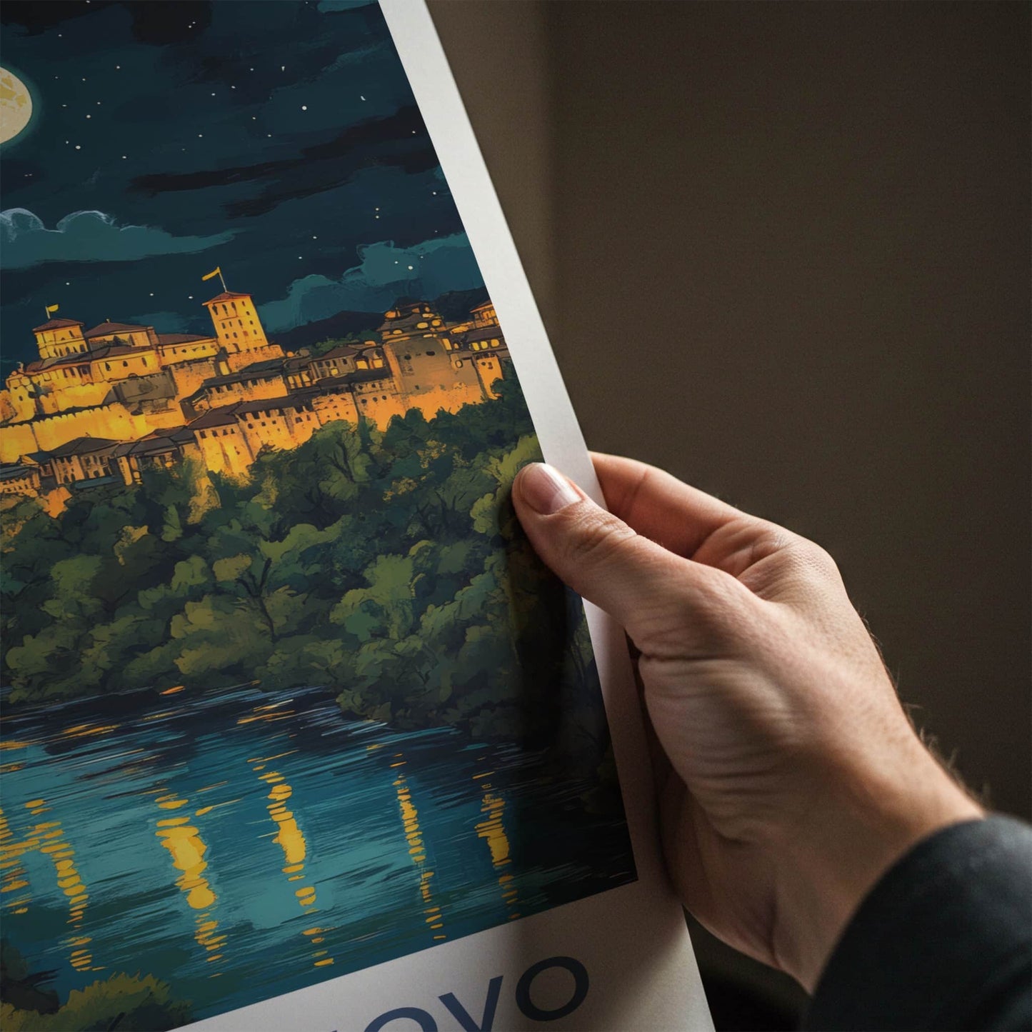 Veliko Tarnovo Poster - Bulgaria Travel Art - Moonlit fortress river Home Decor