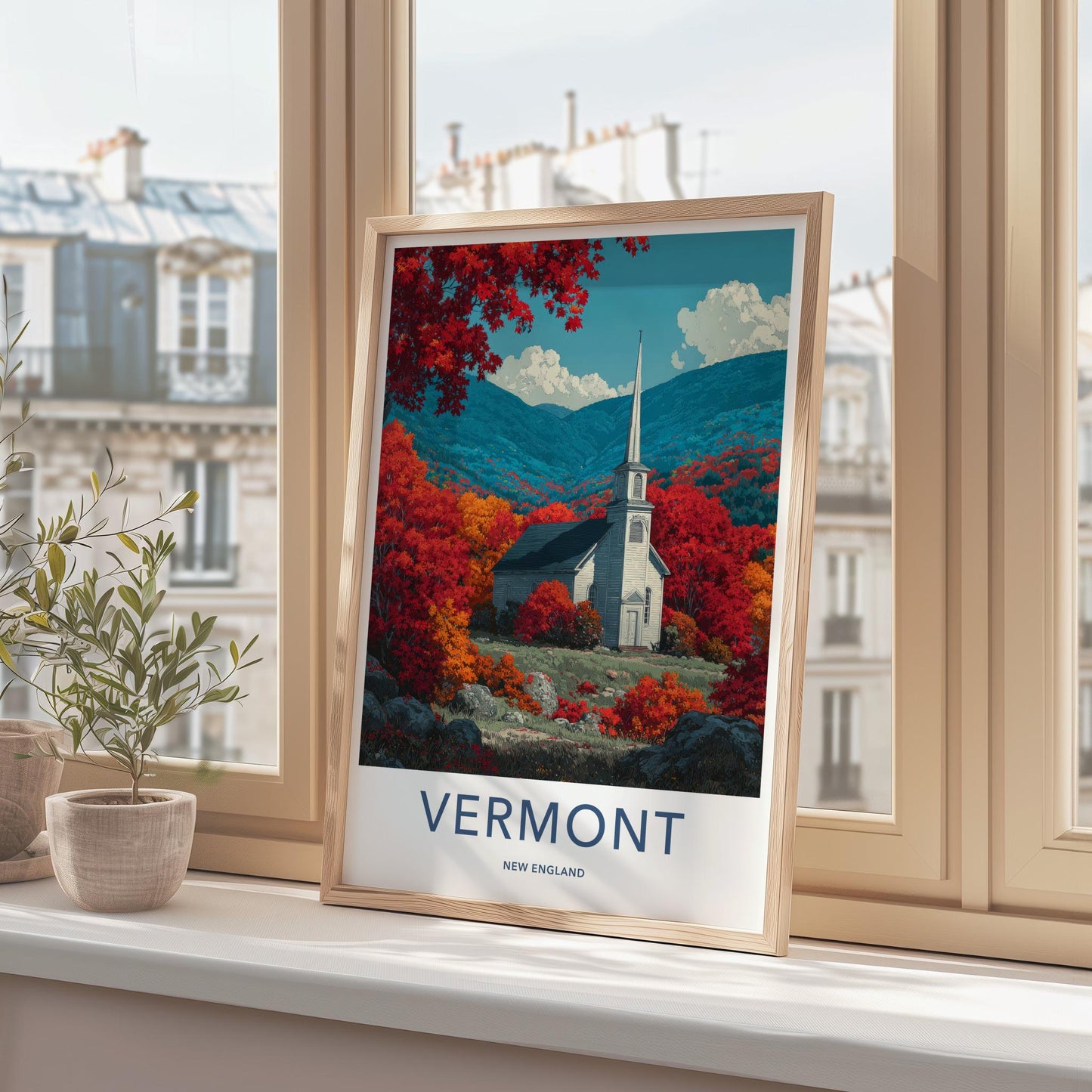 Vermont Poster - Vermont Travel Art - Autumn Church Mountains Home Decor