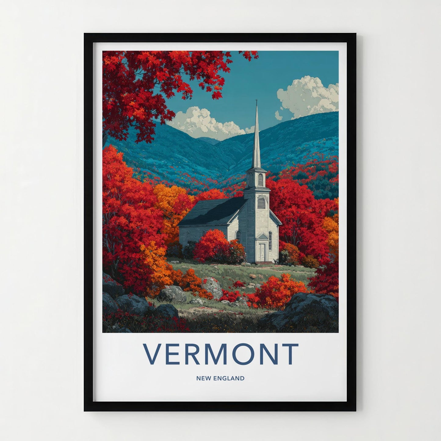 Vermont Poster - Vermont Travel Art - Autumn Church Mountains Home Decor