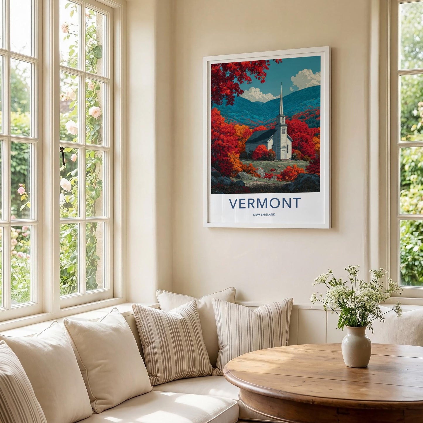 Vermont Poster - Vermont Travel Art - Autumn Church Mountains Home Decor