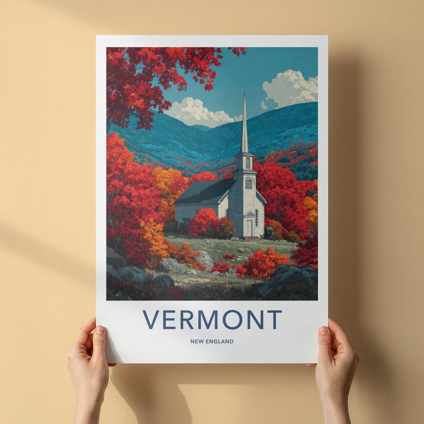 Vermont Poster - Vermont Travel Art - Autumn Church Mountains Home Decor