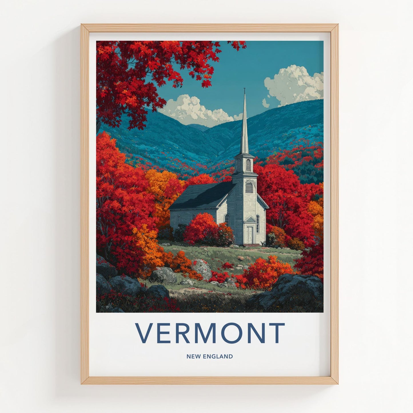 Vermont Poster - Vermont Travel Art - Autumn Church Mountains Home Decor