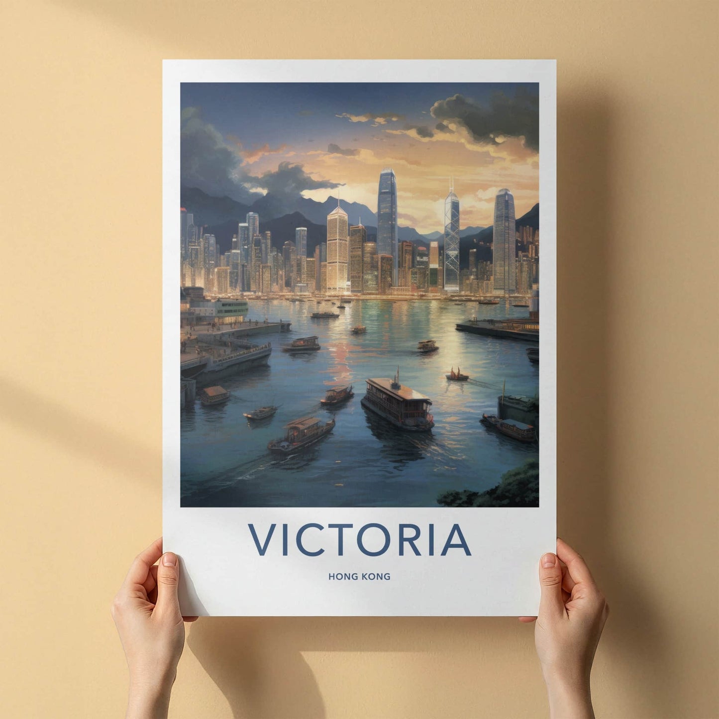 Victoria Harbour Poster - Hong Kong Travel Art - Twilight City Boats Home Decor