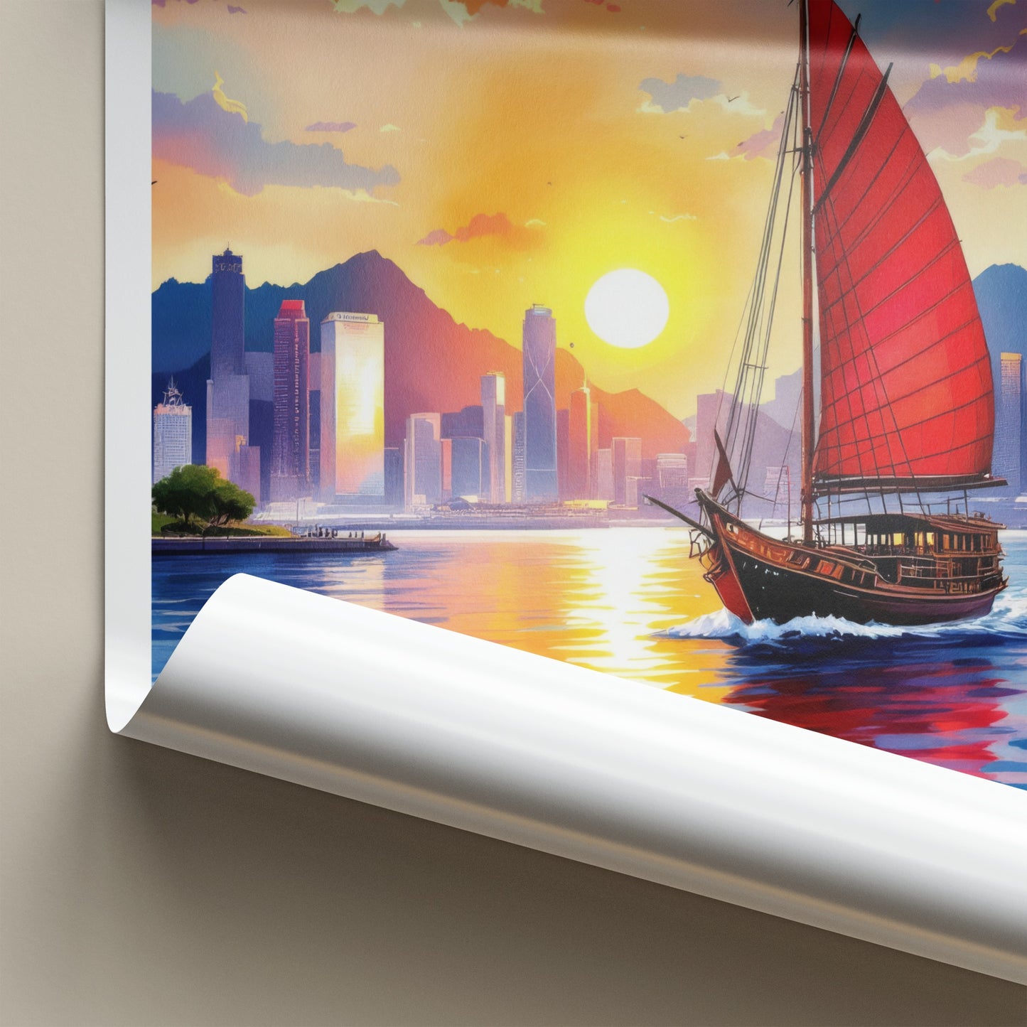 Victoria Harbour Poster - Hong Kong Travel Art - Warm Asia Sunset Wall Decor