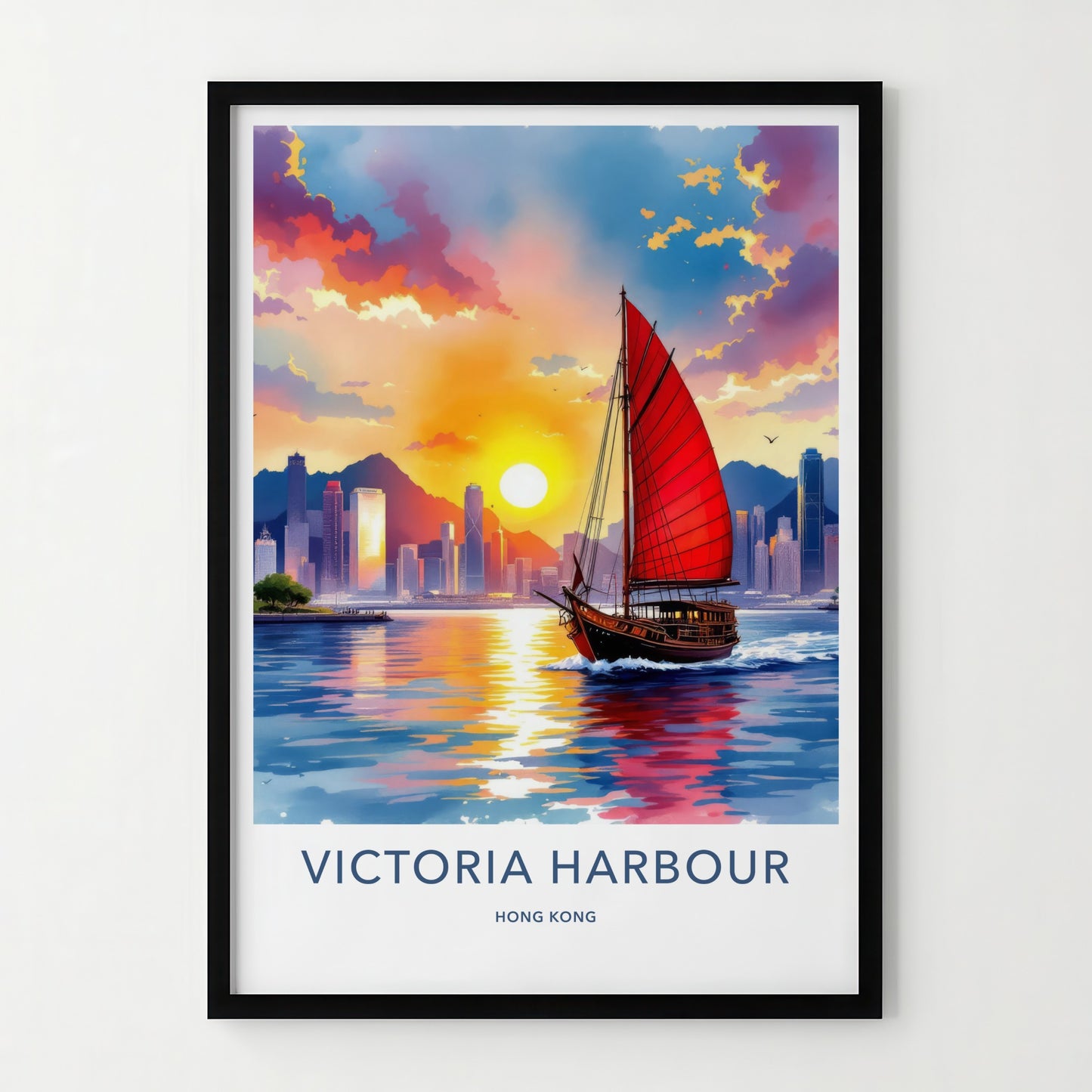 Victoria Harbour Poster - Hong Kong Travel Art - Warm Asia Sunset Wall Decor