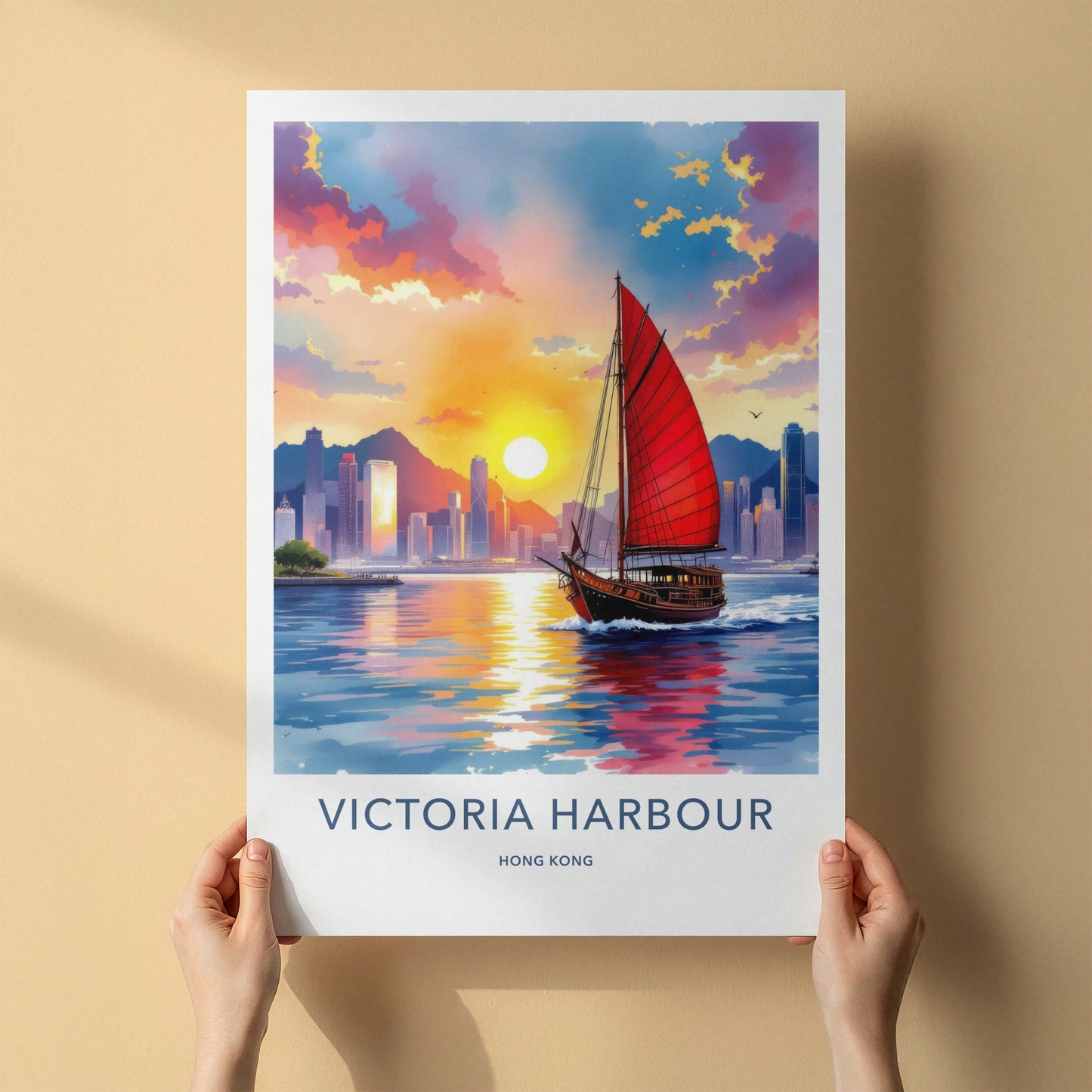 Victoria Harbour Poster - Hong Kong Travel Art - Warm Asia Sunset Wall Decor