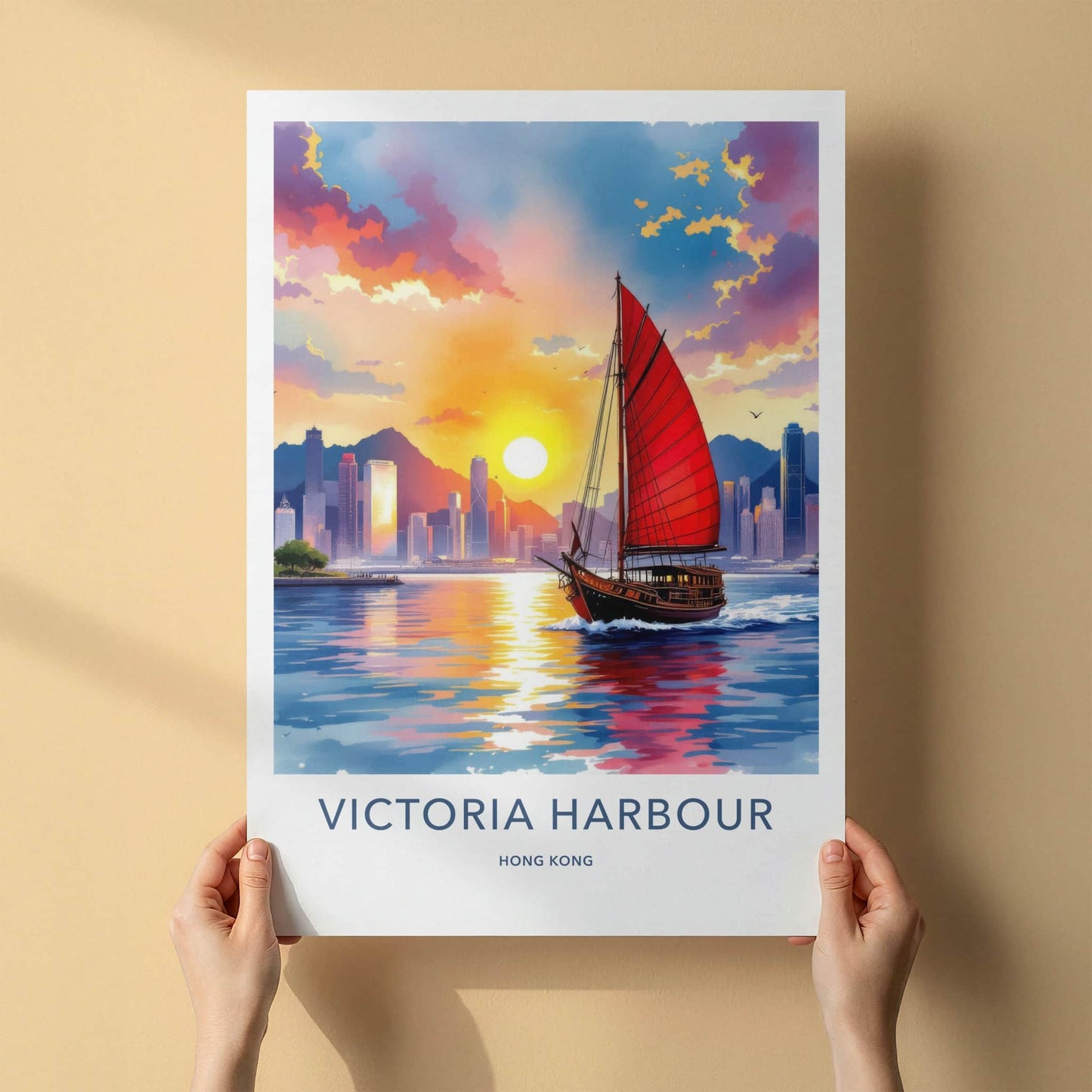 Victoria Harbour Poster - Hong Kong Travel Art - Warm Asia Sunset Wall Decor