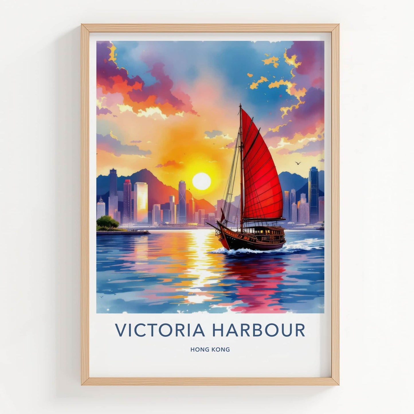 Victoria Harbour Poster - Hong Kong Travel Art - Warm Asia Sunset Wall Decor