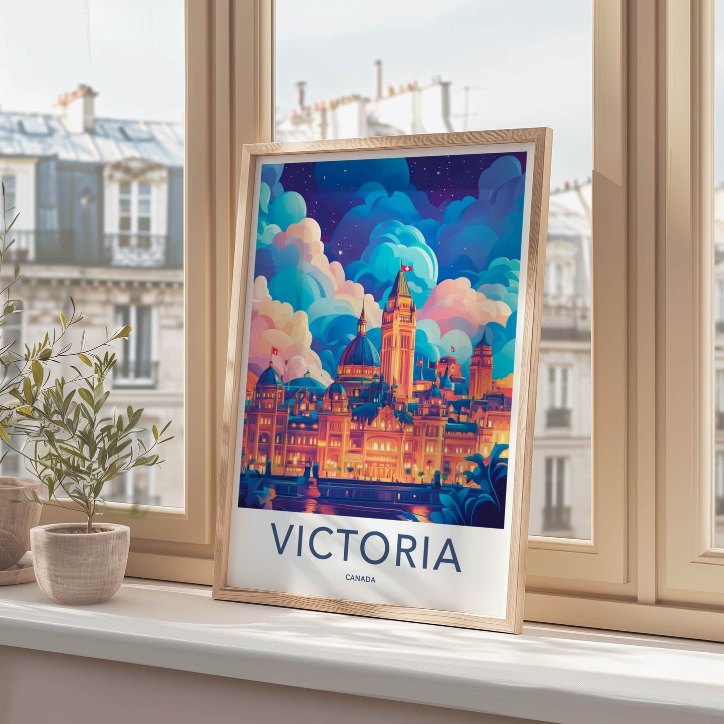 Victoria Poster - Canada Travel Art - Colorful Skyline Night Home Decor