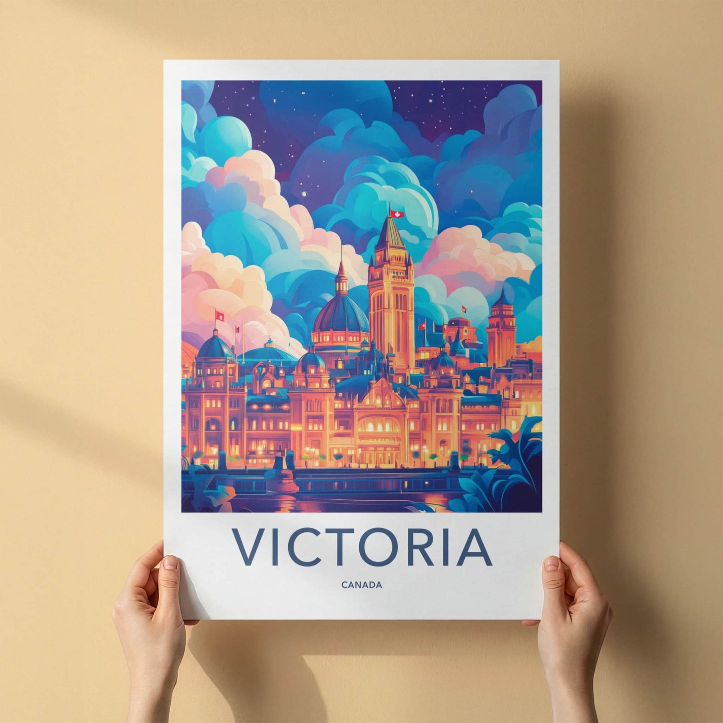 Victoria Poster - Canada Travel Art - Colorful Skyline Night Home Decor