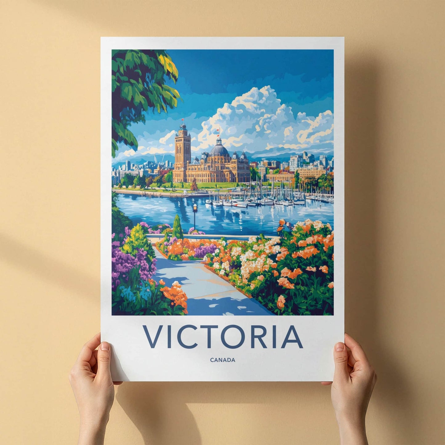 Victoria Poster - Canada Travel Art - Parliament Harbor Flowers Home Decor
