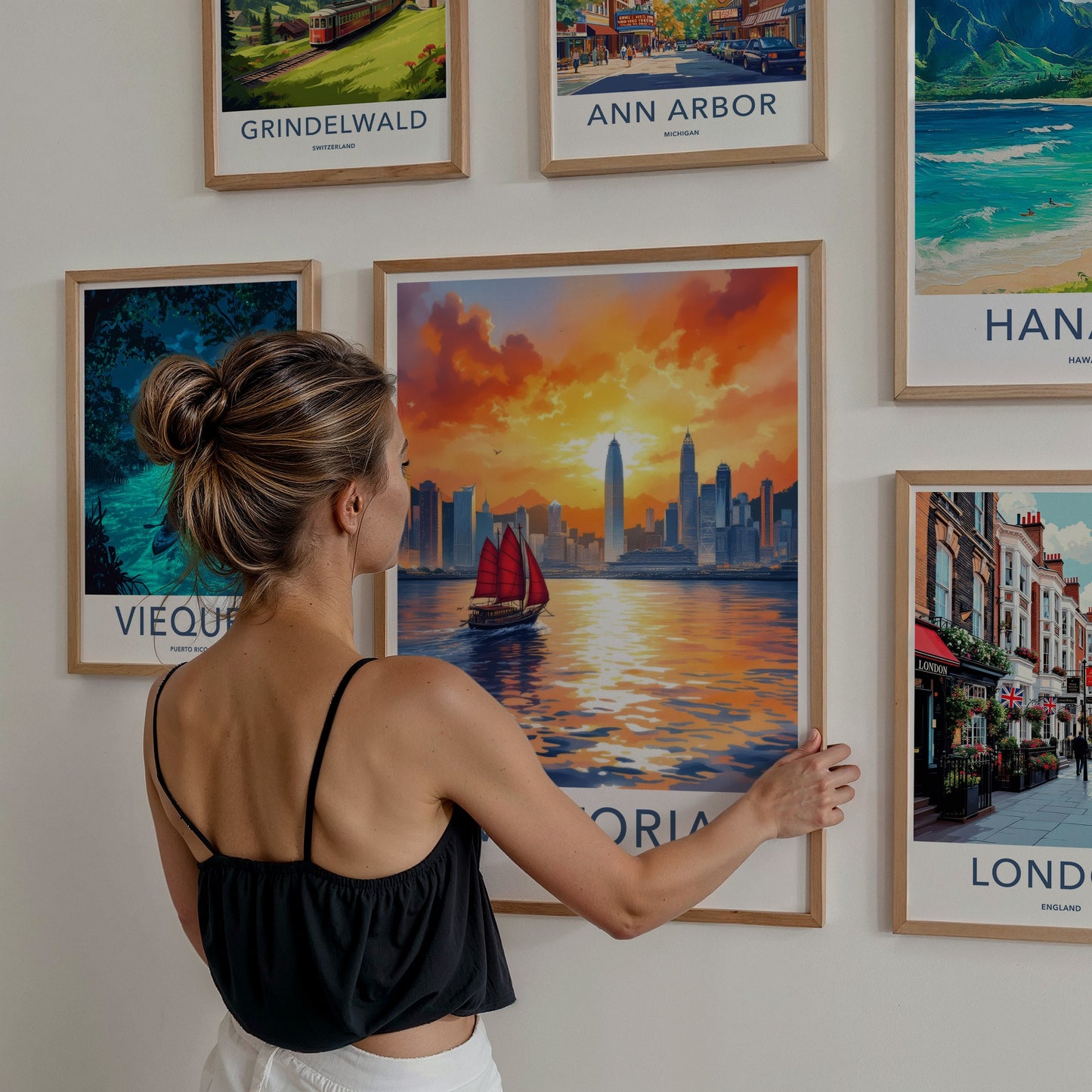 Victoria Poster - Hong Kong Framed Art - Red Sail Sunset Home Decor