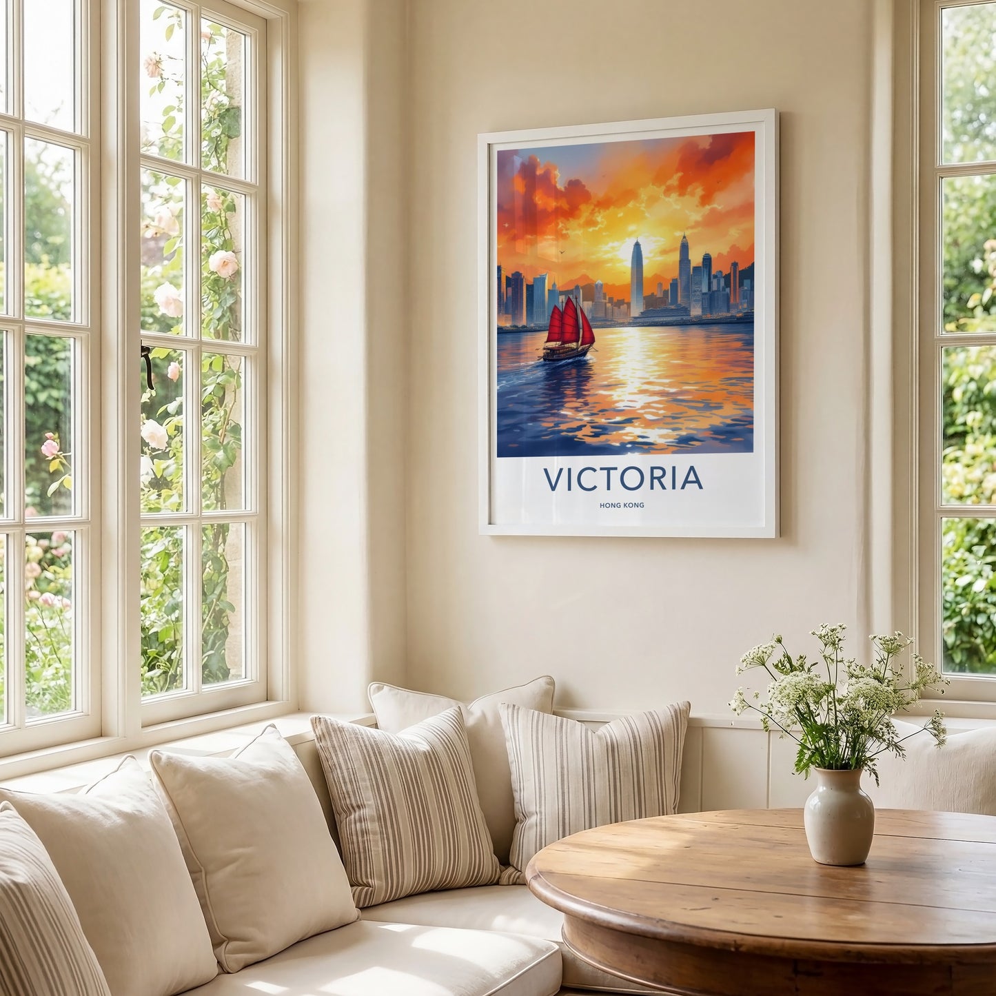 Victoria Poster - Hong Kong Framed Art - Red Sail Sunset Home Decor