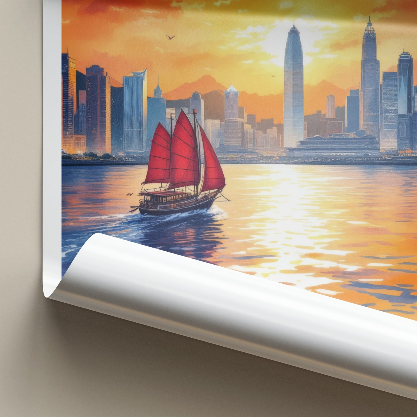 Victoria Poster - Hong Kong Framed Art - Red Sail Sunset Home Decor
