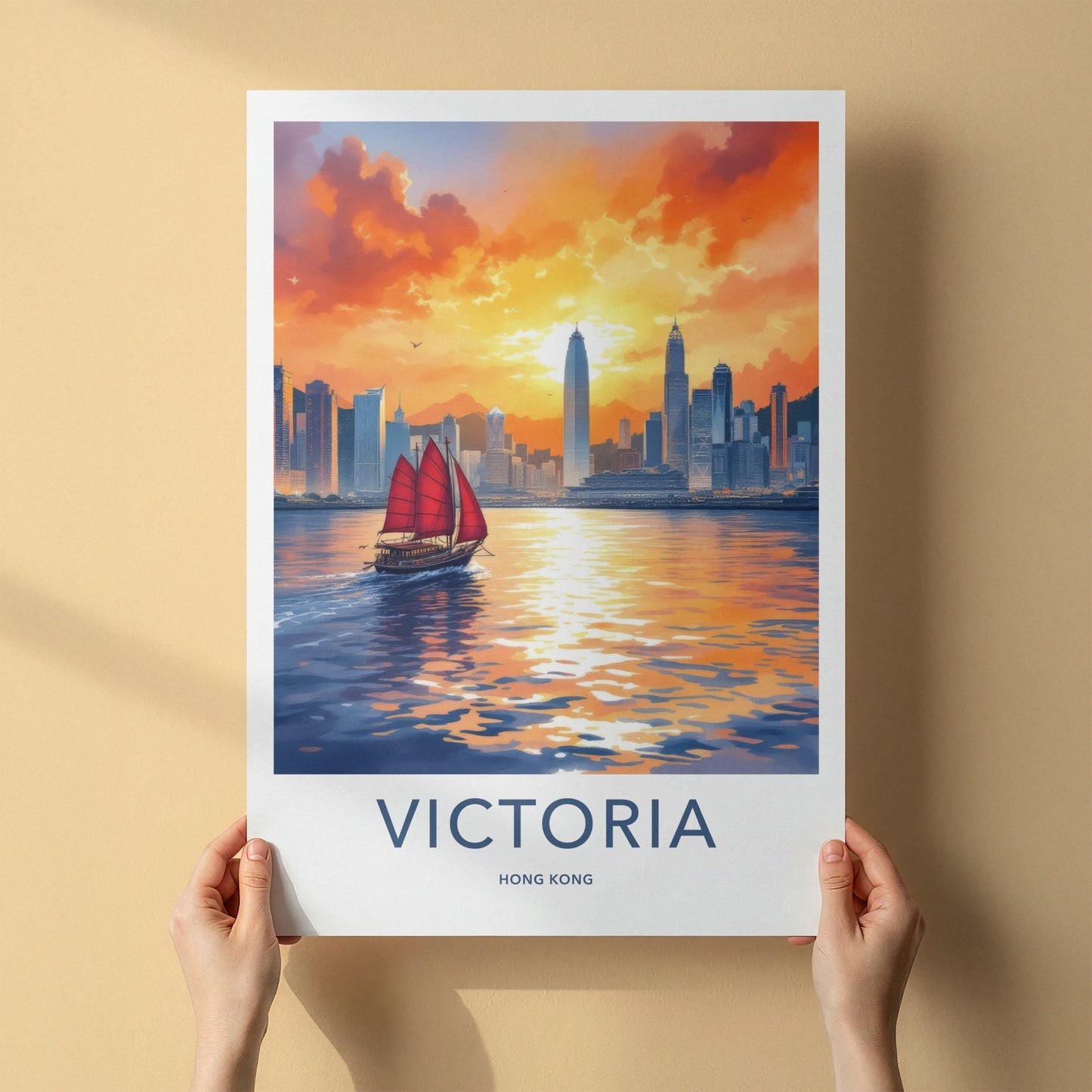 Victoria Poster - Hong Kong Framed Art - Red Sail Sunset Home Decor