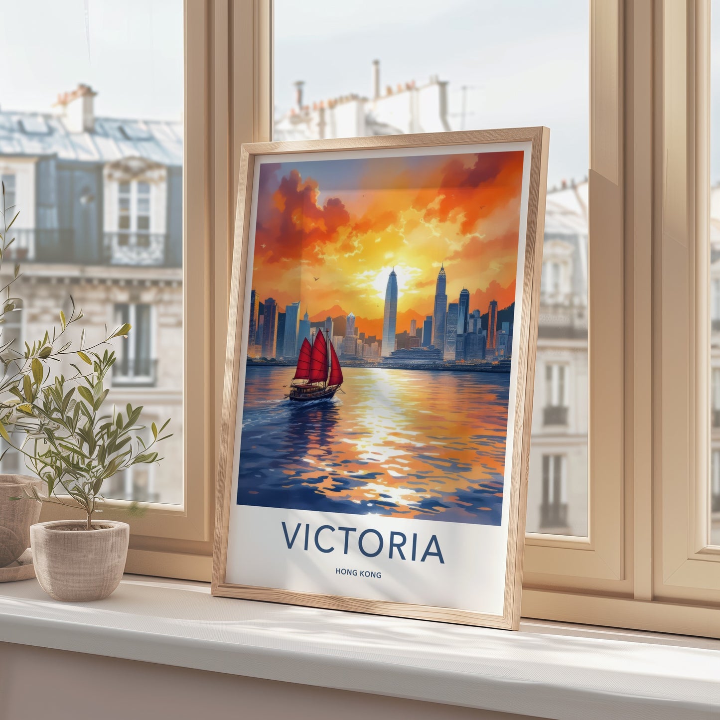 Victoria Poster - Hong Kong Framed Art - Red Sail Sunset Home Decor
