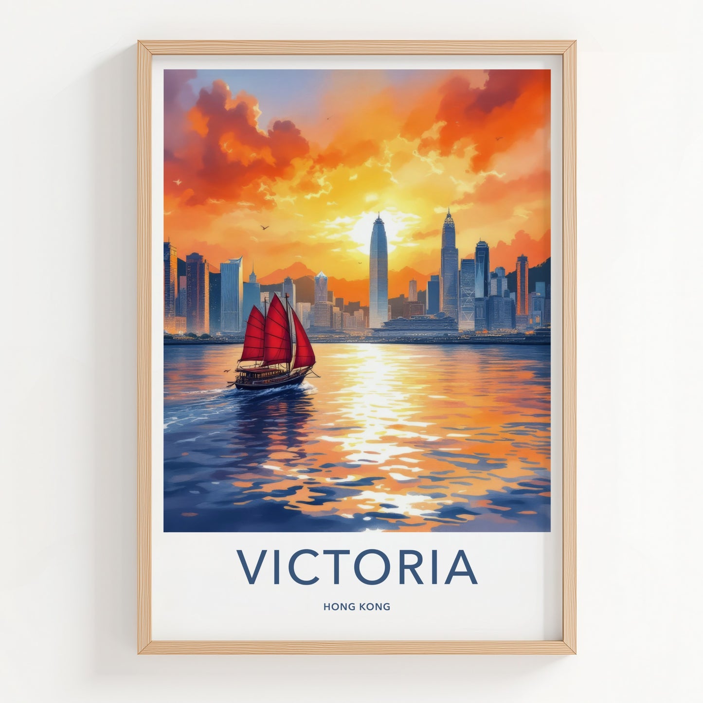 Victoria Poster - Hong Kong Framed Art - Red Sail Sunset Home Decor