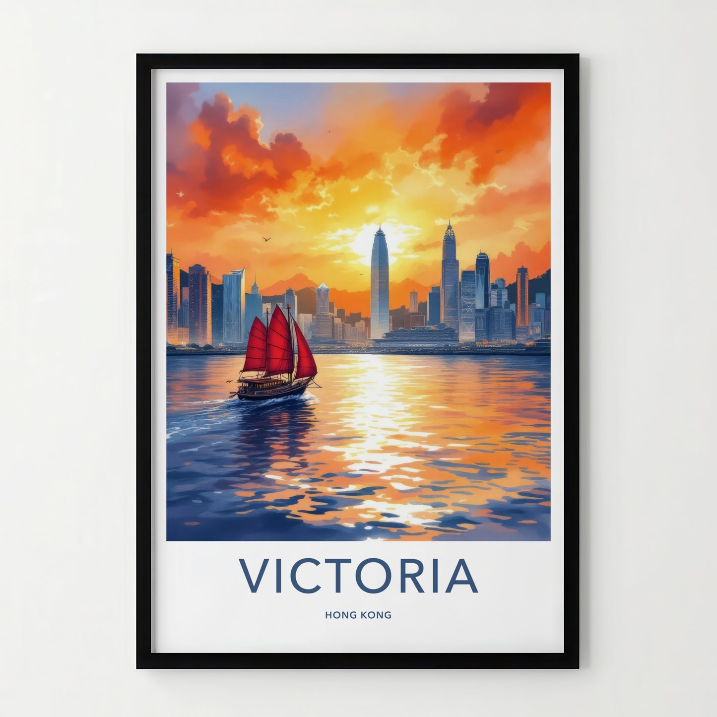 Victoria Poster - Hong Kong Framed Art - Red Sail Sunset Home Decor