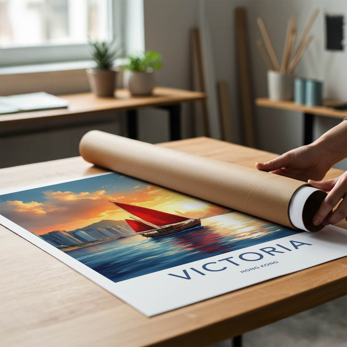 Victoria Poster - Hong Kong Framed Print - Calming Boat Sunset Lounge Decor