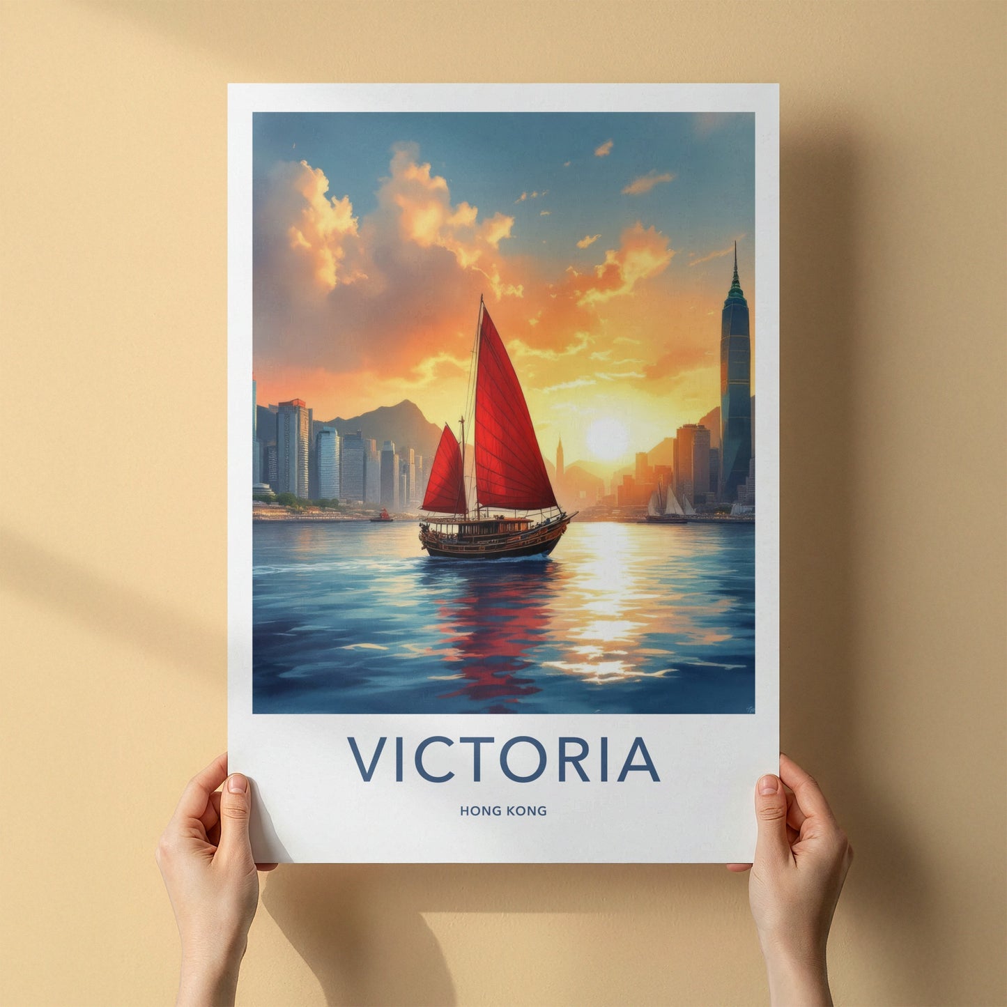 Victoria Poster - Hong Kong Framed Print - Calming Boat Sunset Lounge Decor