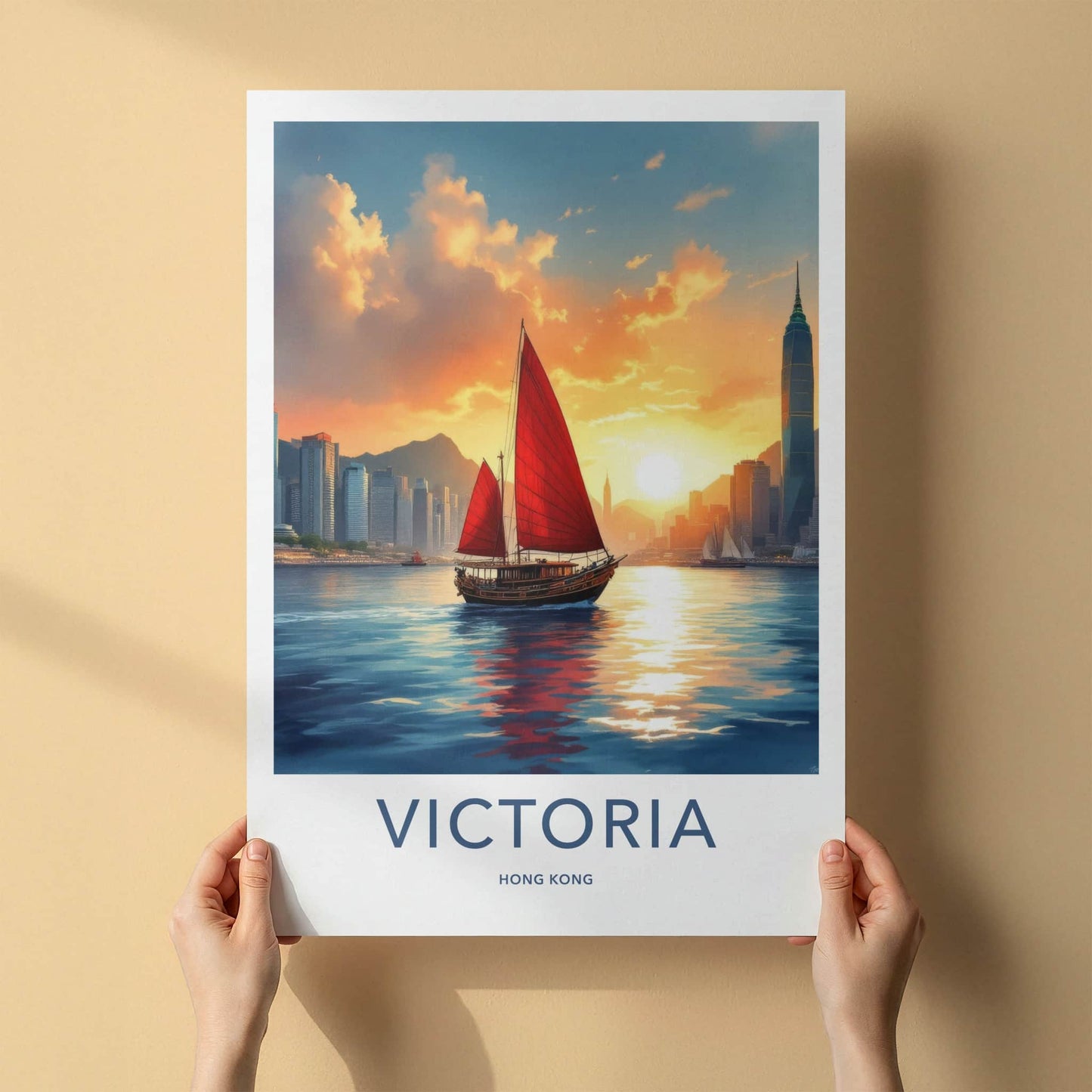 Victoria Poster - Hong Kong Framed Print - Calming Boat Sunset Lounge Decor