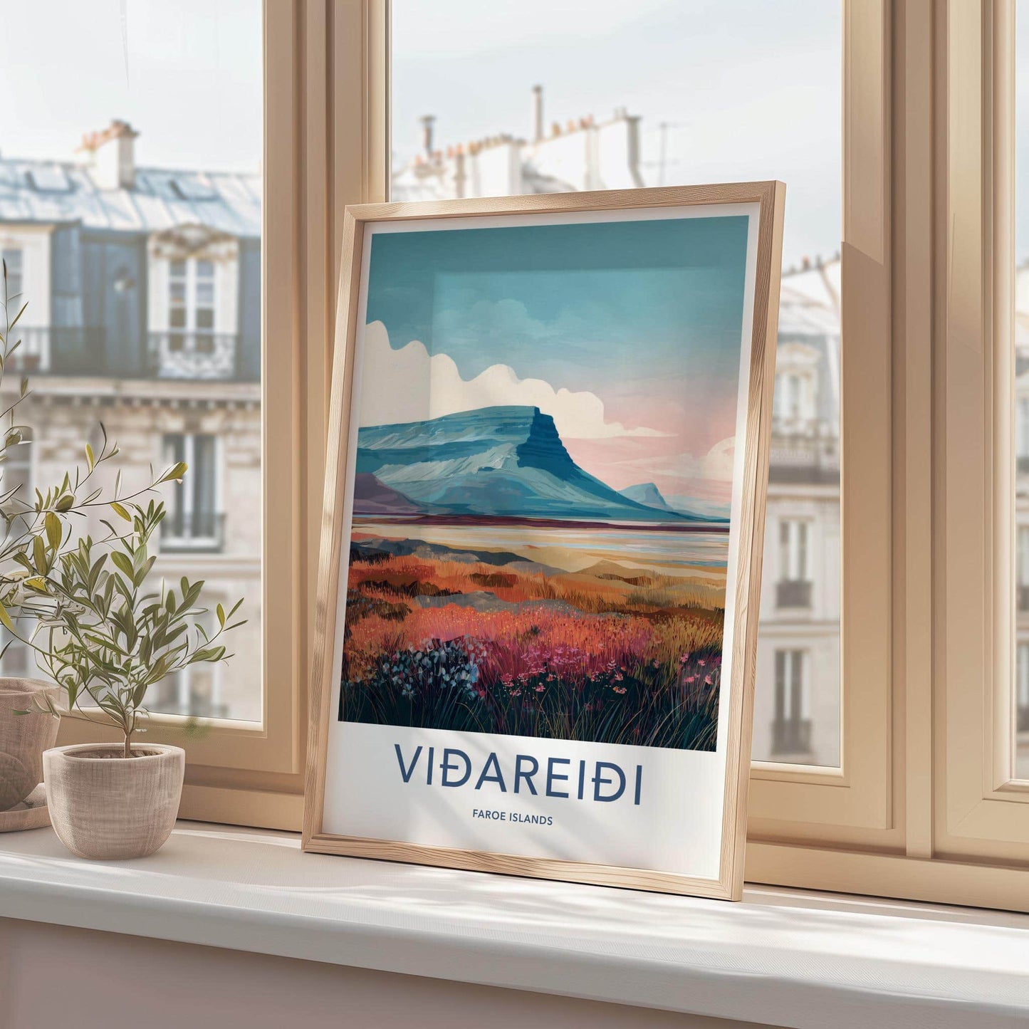Vidareidi Poster - Faroe Islands Travel Art - Rugged Mountain Scenery Wall Decor