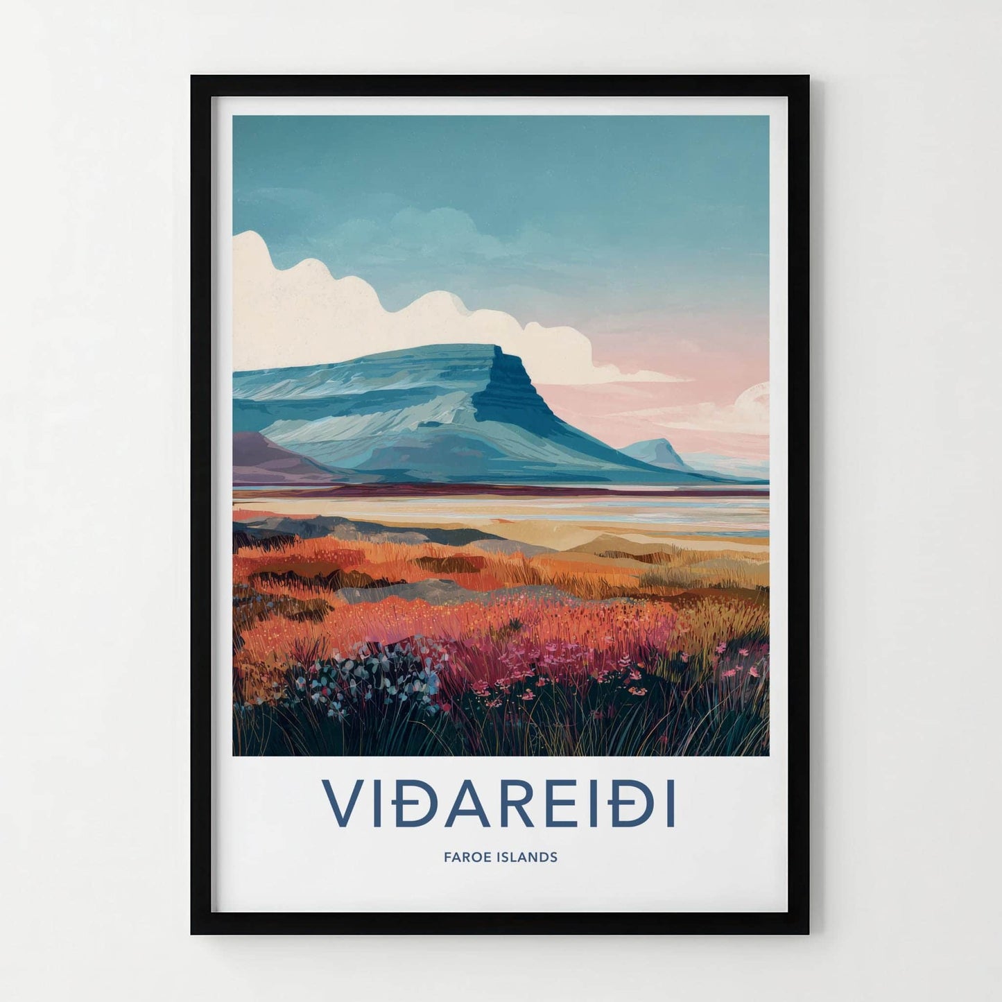 Vidareidi Poster - Faroe Islands Travel Art - Rugged Mountain Scenery Wall Decor