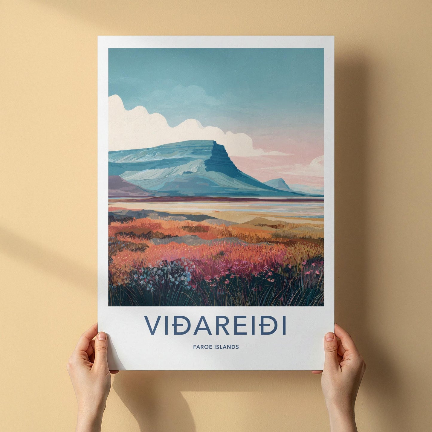 Vidareidi Poster - Faroe Islands Travel Art - Rugged Mountain Scenery Wall Decor