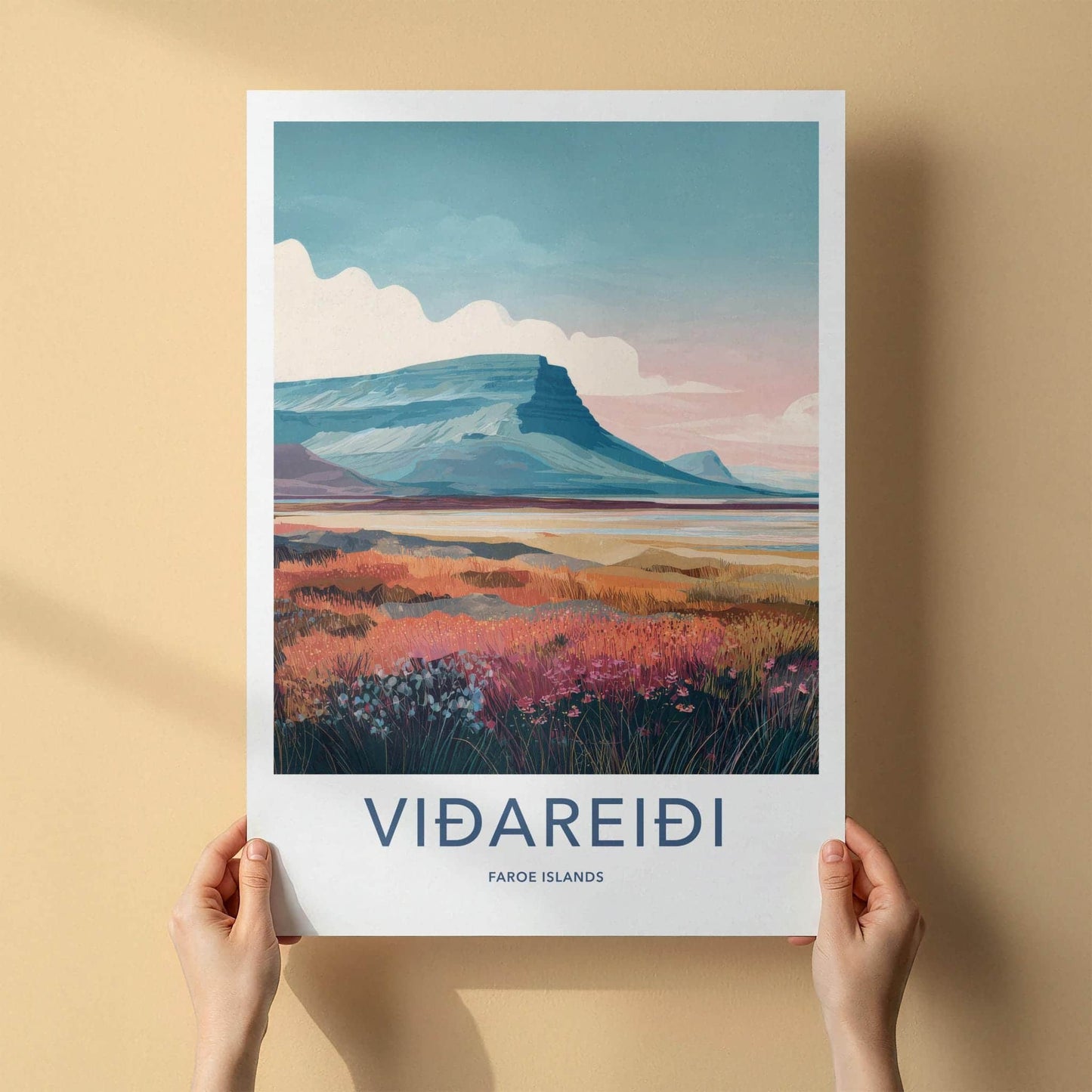 Vidareidi Poster - Faroe Islands Travel Art - Rugged Mountain Scenery Wall Decor